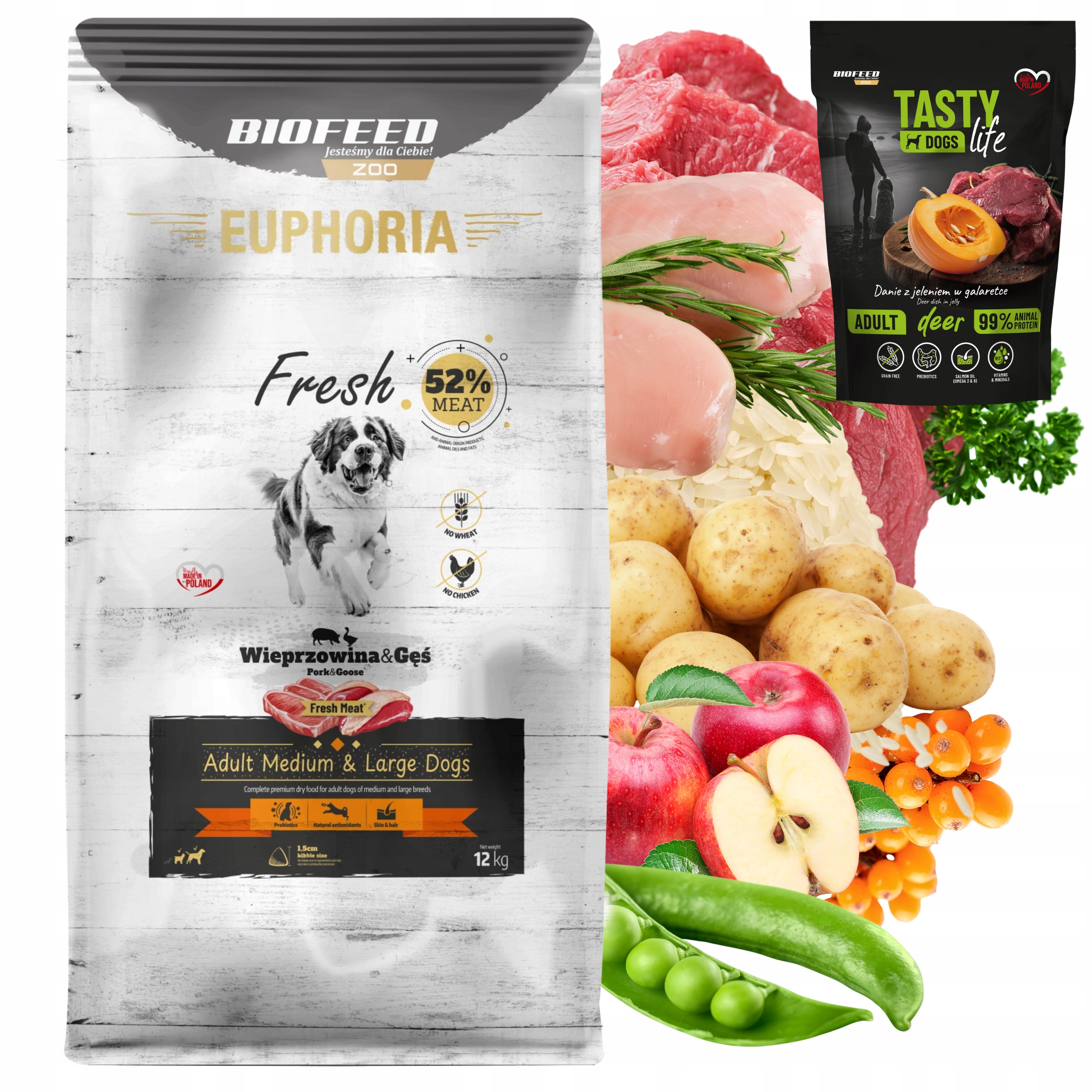 Krmivo pro psy Biofeed Euphoria Fresh Vepř Husa M/L 12 kg Bonus