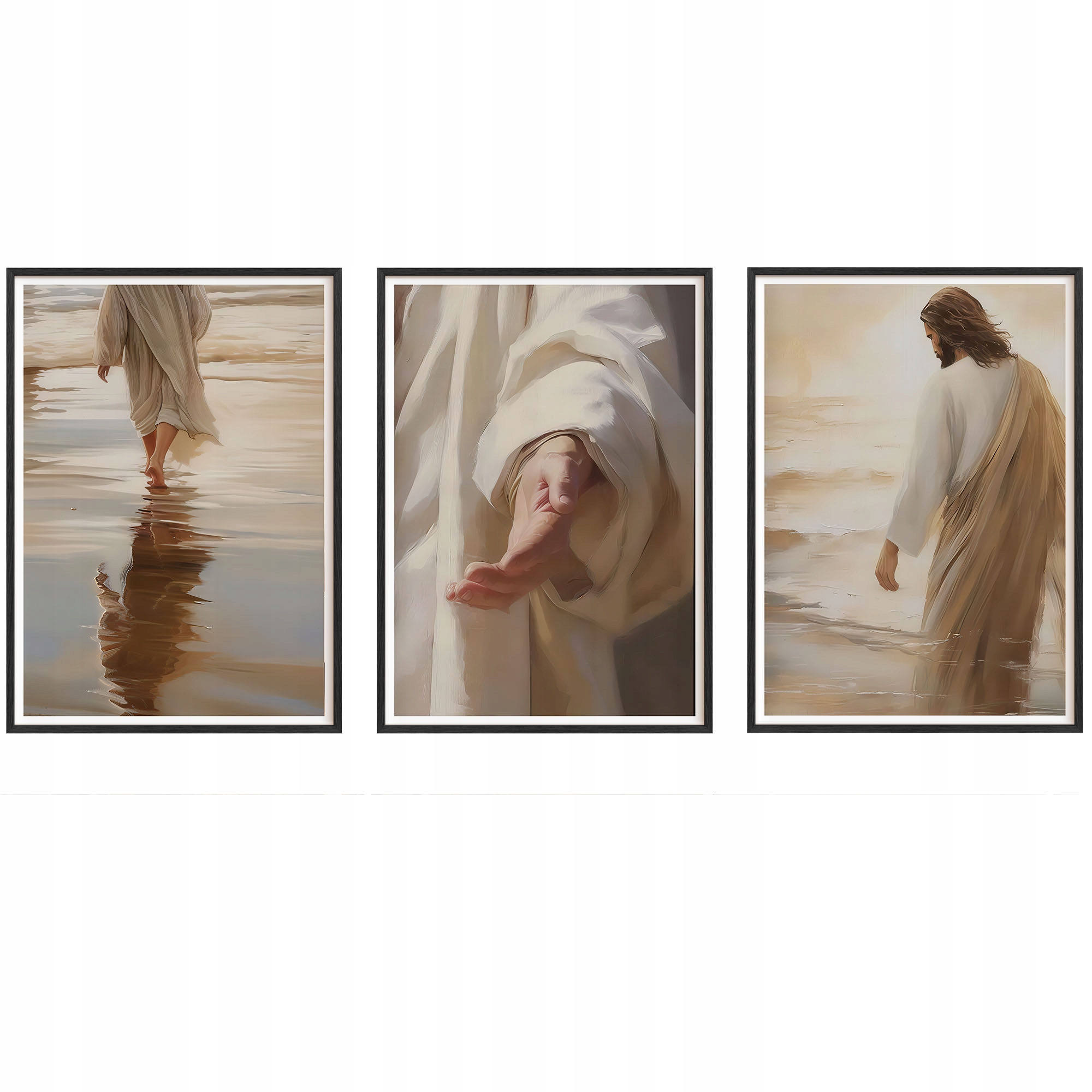 Obrazy Jezus na Plaży Plakaty Ramki Drewniane Czarne Zestaw 3szt 30x42 cm
