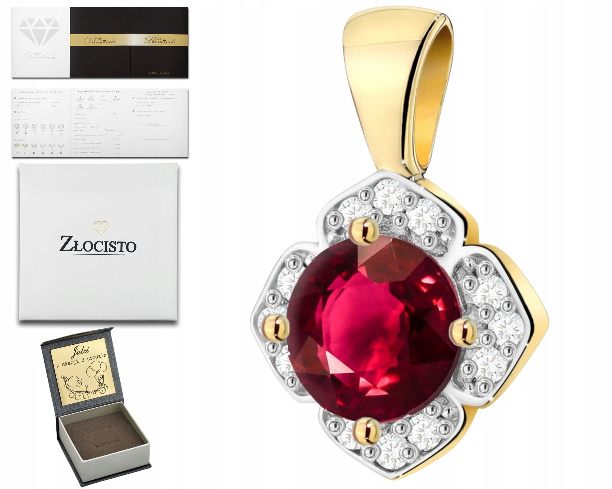 Zlatý Elegantní Přívěsek S Červeným Rubínem A Brilianty 585, Zlato 14K