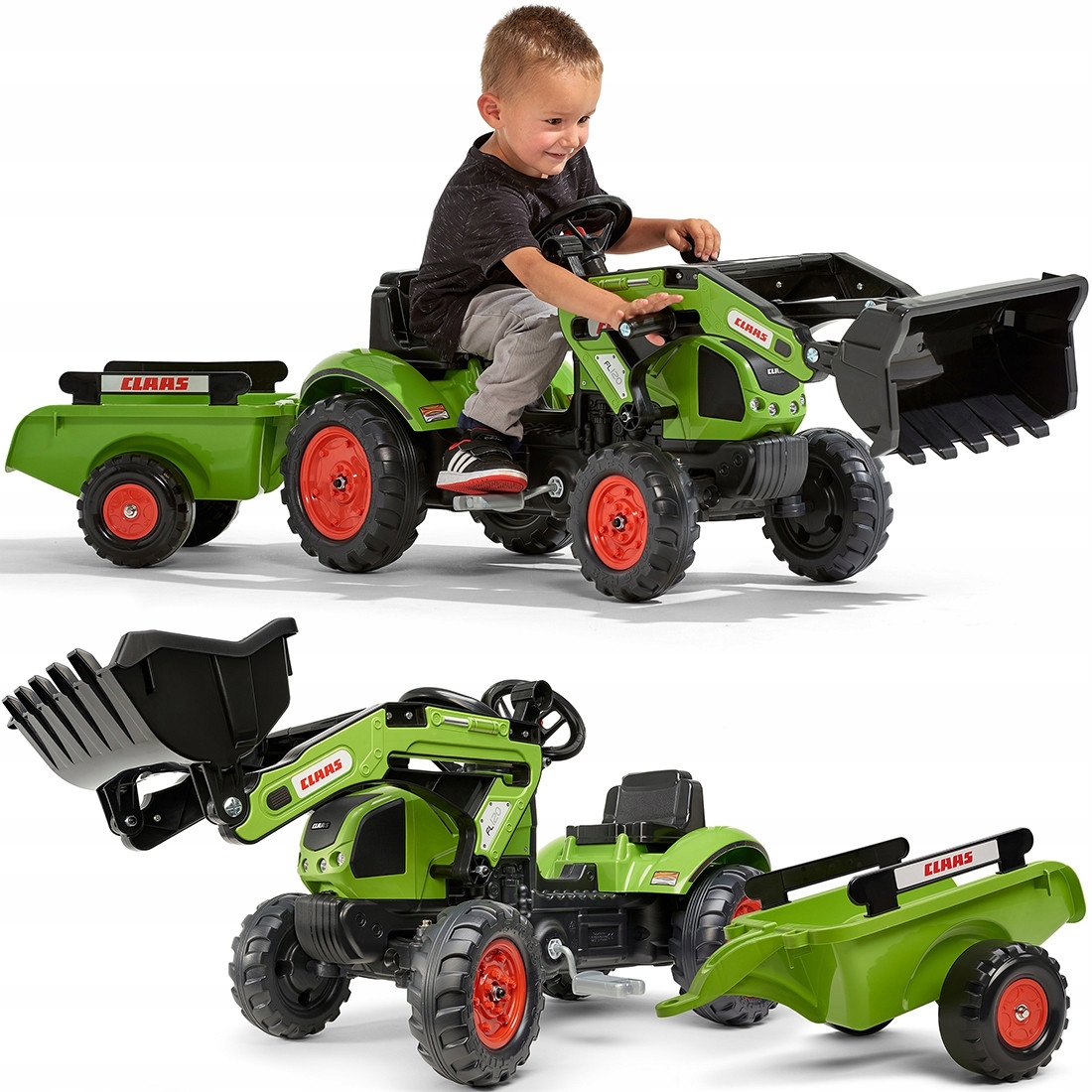 Falk Traktor Claas Zielony z Przyczepą i Łyżką na Pedały od 2-5 lat