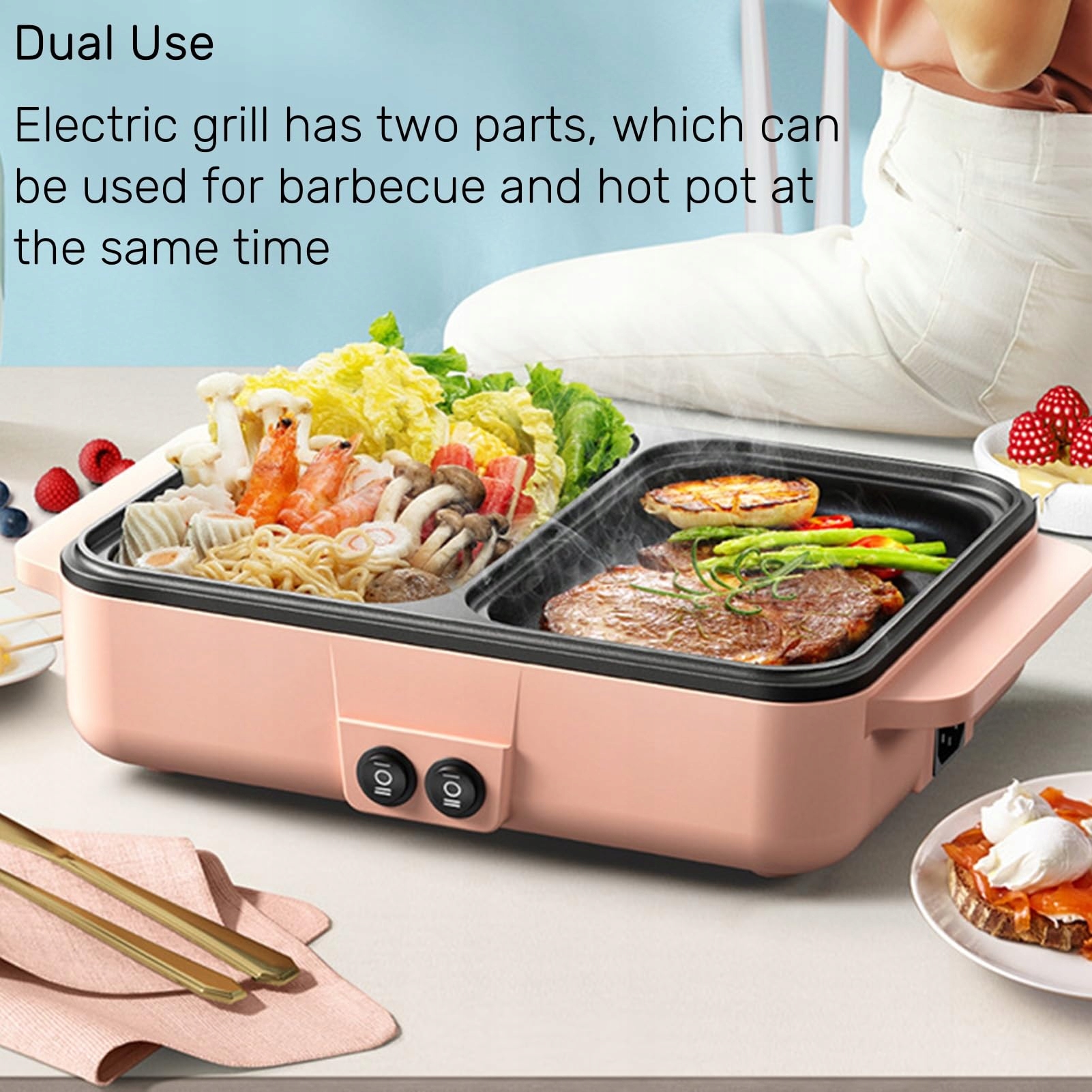 TOPYOND Elektryczny Hot Pot 1200W i Grill BBQ Stół Grill Koreański 2 Osoby — miniatura 2