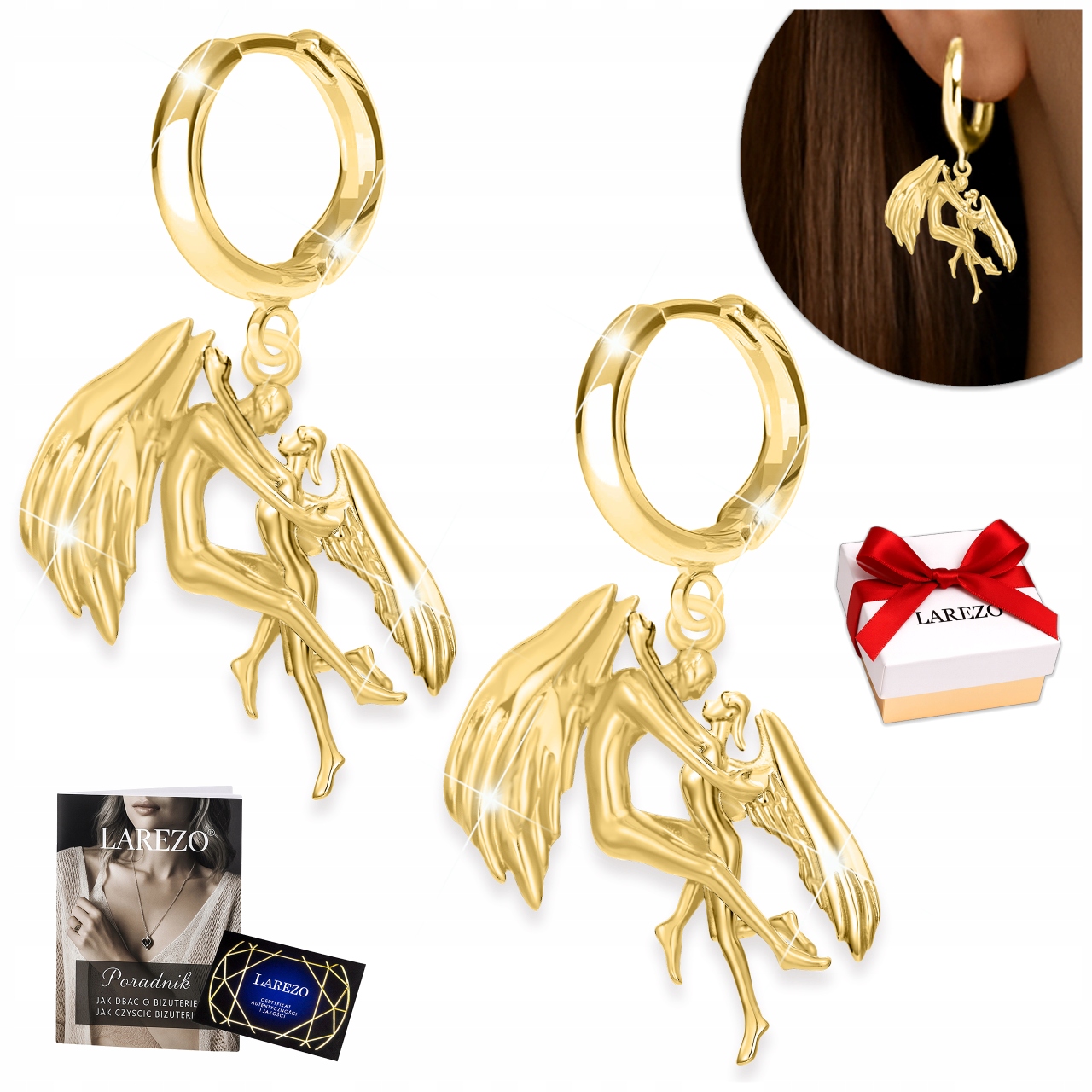 Zlaté Náušnice Černí andělé Miluji tě Závěsné andělé Stříbro 925