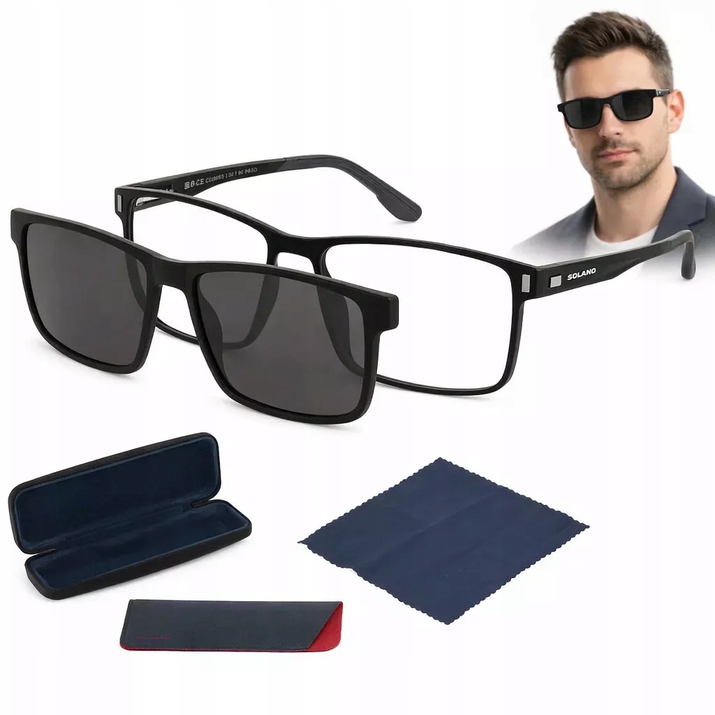 Czarne Męskie okulary korekcyjne CL90286a z nakładką clip-on polaryzacja