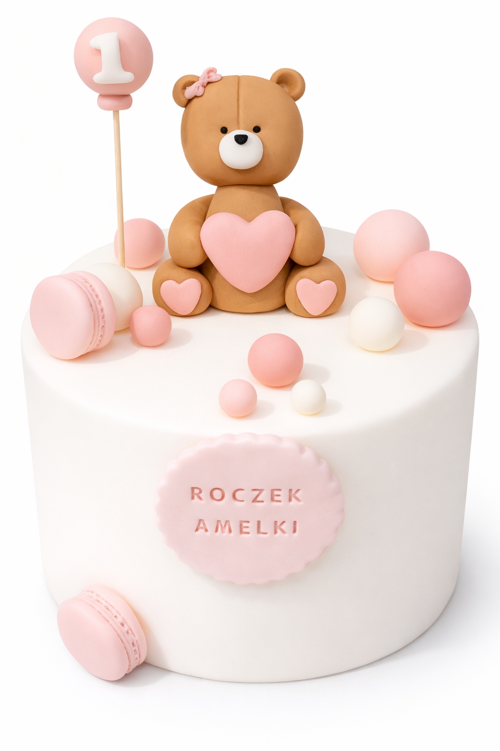Sada cukrových figurek Medvídek balónek s číslicí, jménem, kuličkami a makronkami