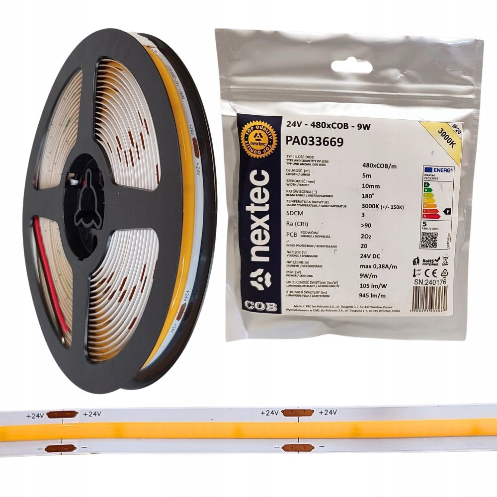 Taśma Led Cob liniowa 24V 5m 9W/m 945lm/m 3000K ciepła IP20 wewn. Nextec