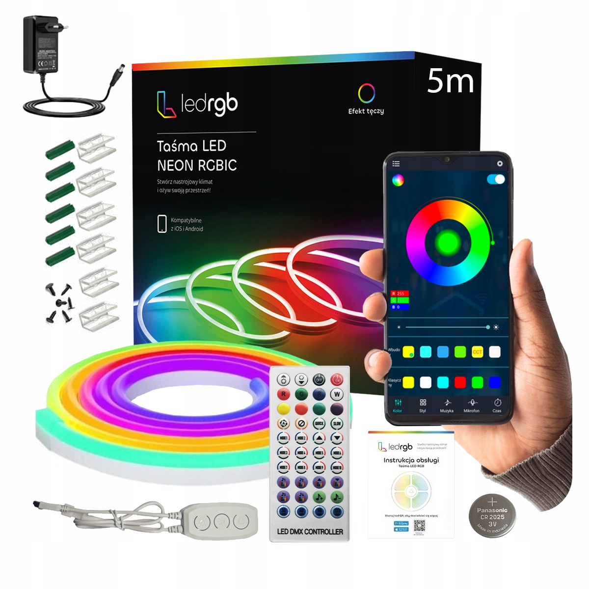 Taśma Led 5M Neon 5050 Rgbic Bluetooth Aplikacja Pilot Tęcza Zestaw 12 DC