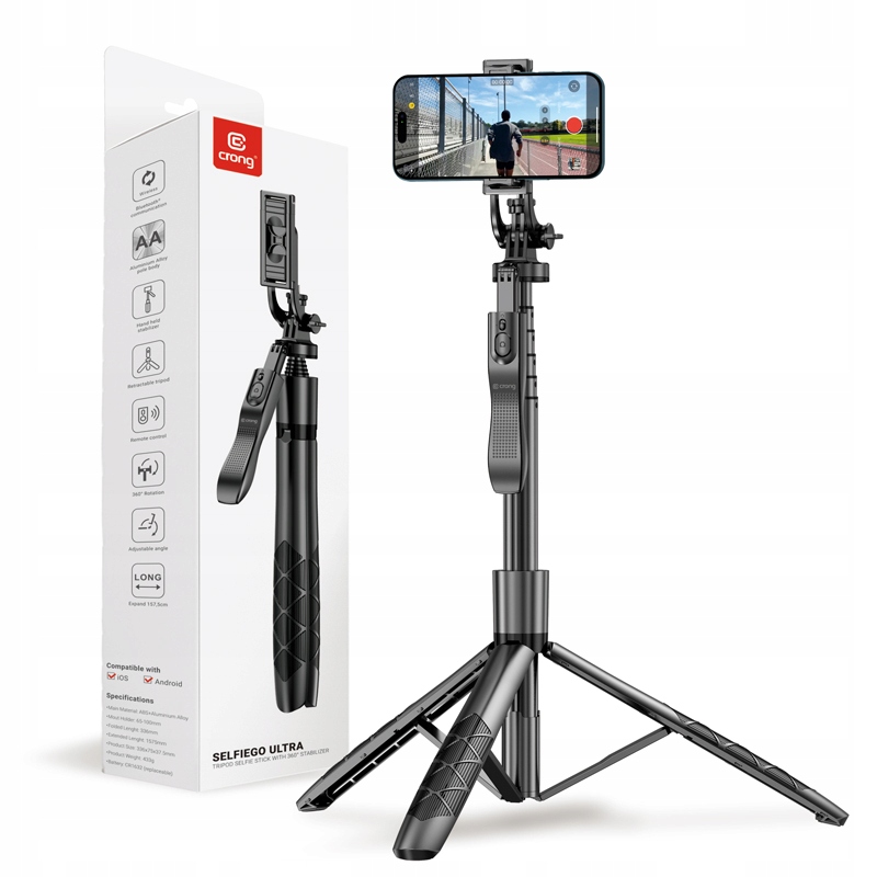 Crong SelfieGo Ultra hliníková selfie tyč Bluetooth tripod (černá)
