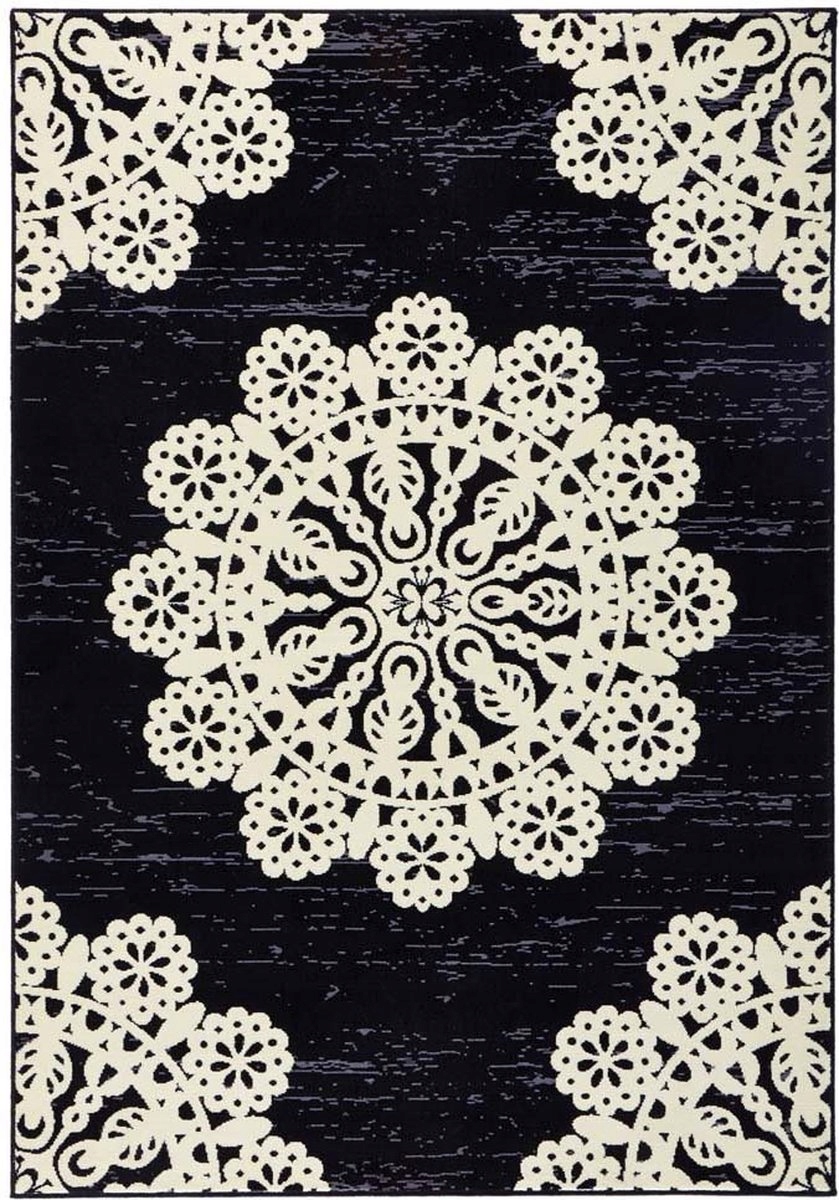 Moderní krémově černý koberec do obývacího pokoje s měkkým vlasem, vzor mandala 160x230