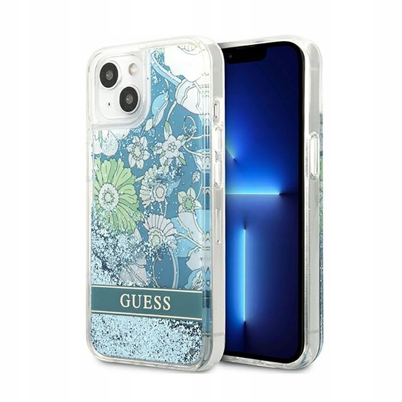 Guess Liquid Glitter Flower Pouzdro pro iPhone 13 (modré/zelené)