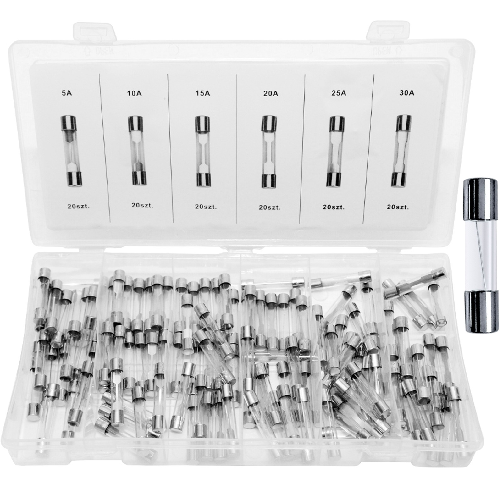 Zestaw Bezpieczników Bezpieczniki Samochodowe Szklane 120sztuk