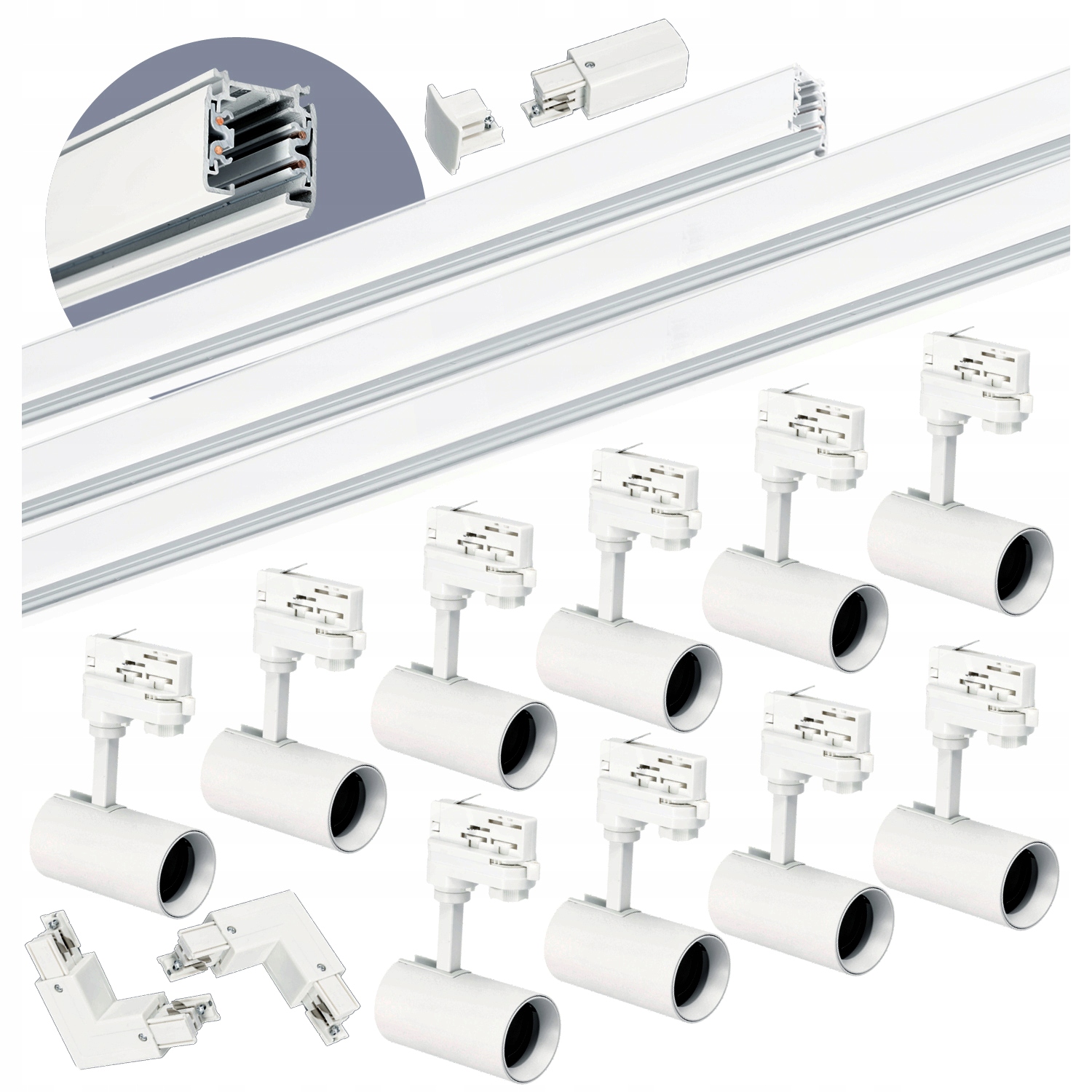 Sada kolejnicová 3-fázová kolejnice 1m+2m+2m, 10x lampa, spojka L Bílá sada