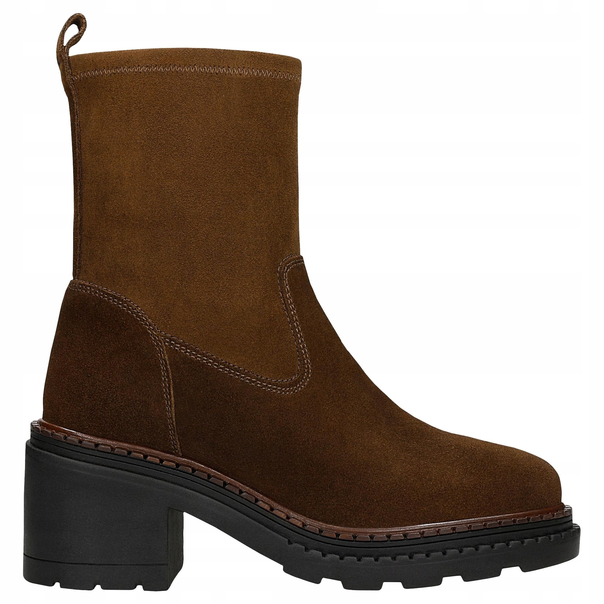 Hnědé kotníkové boty ponožkové boty na širokém podpatku, velikost vel.