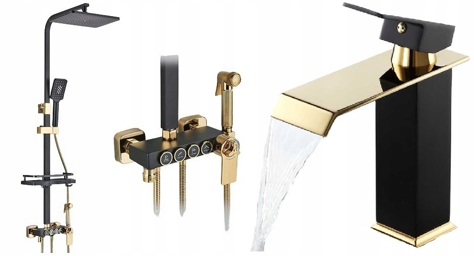 Čierna zlatá sprchová batéria Mido II Termostat Sada
