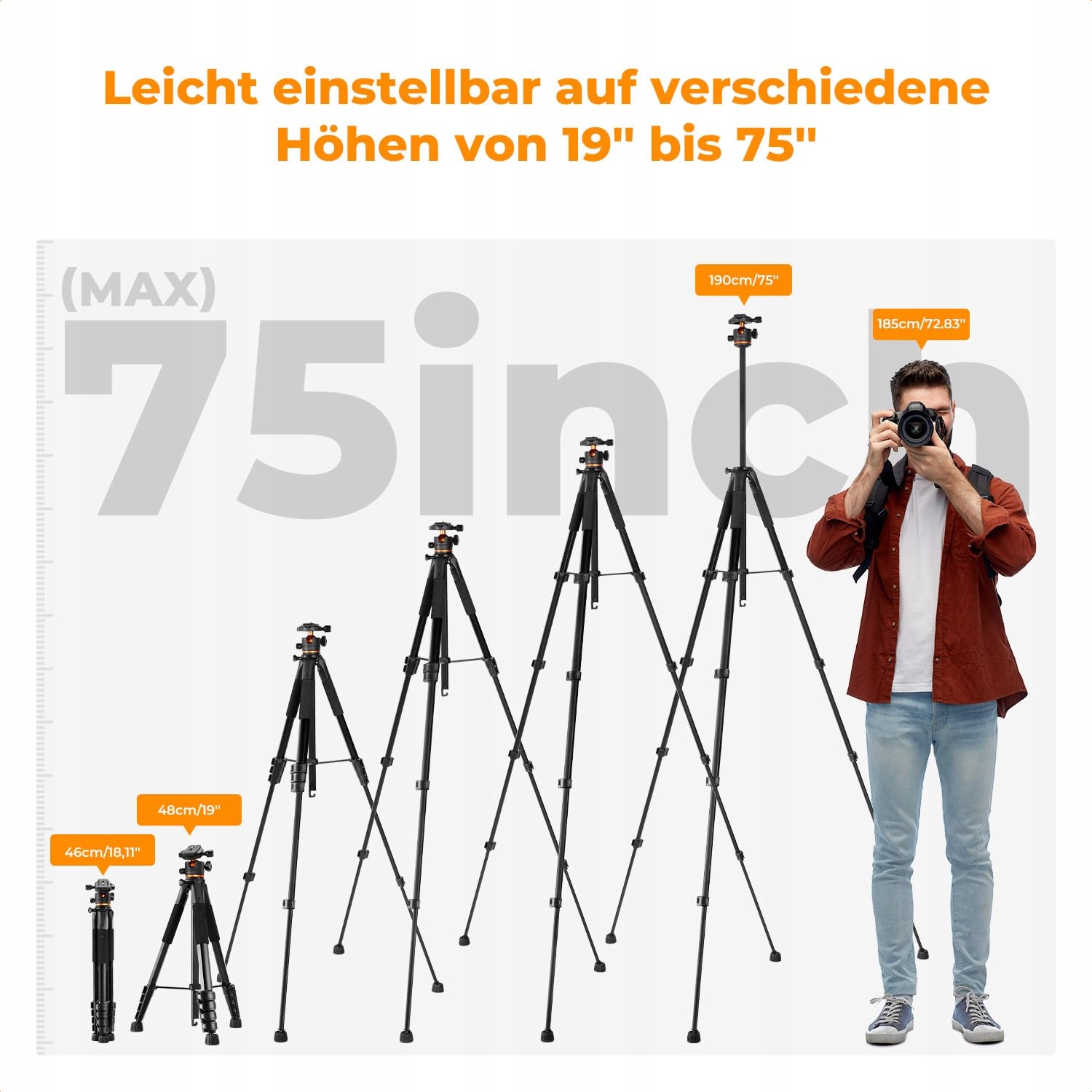 K&F CONCEPT Statyw Kamera 190cm Tripod DSLR Camcorder Telefon Tablet — miniatura 5