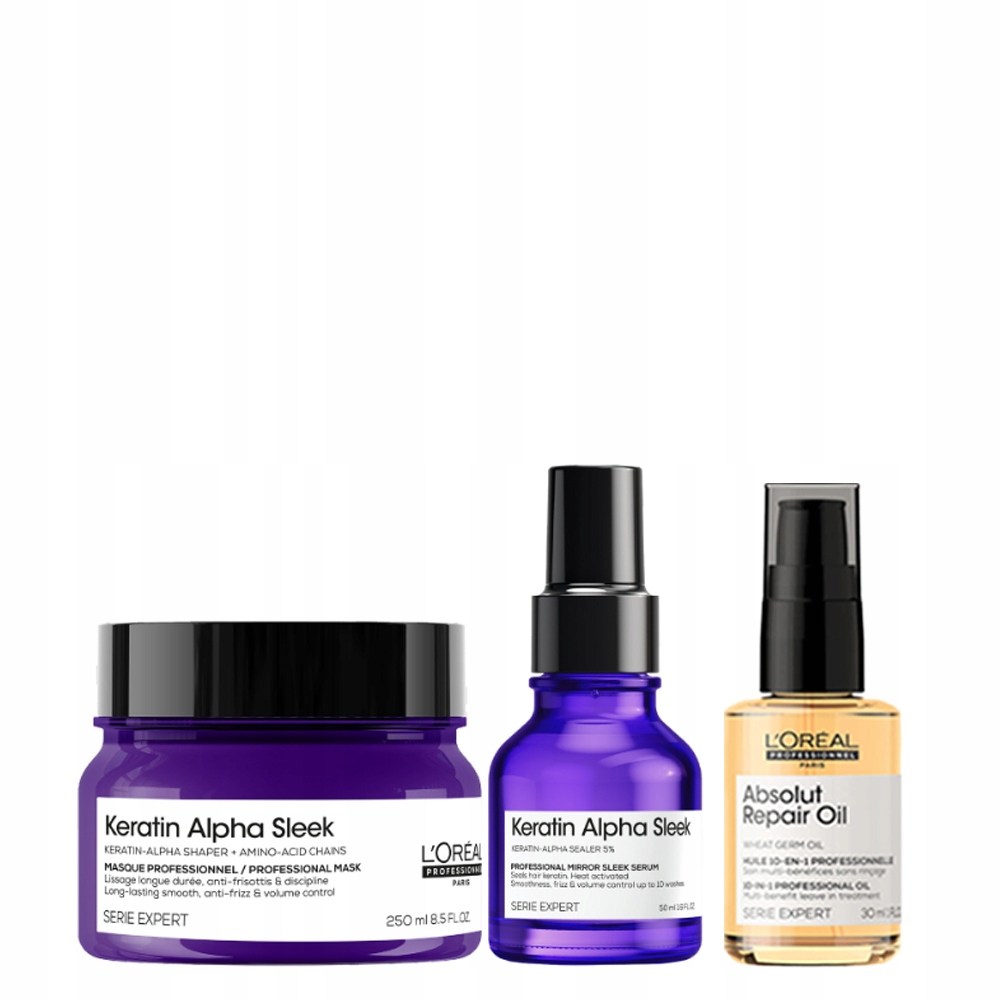 Loreal Keratin Alpha Sleek sada na leštění vlasů maska sérum olej
