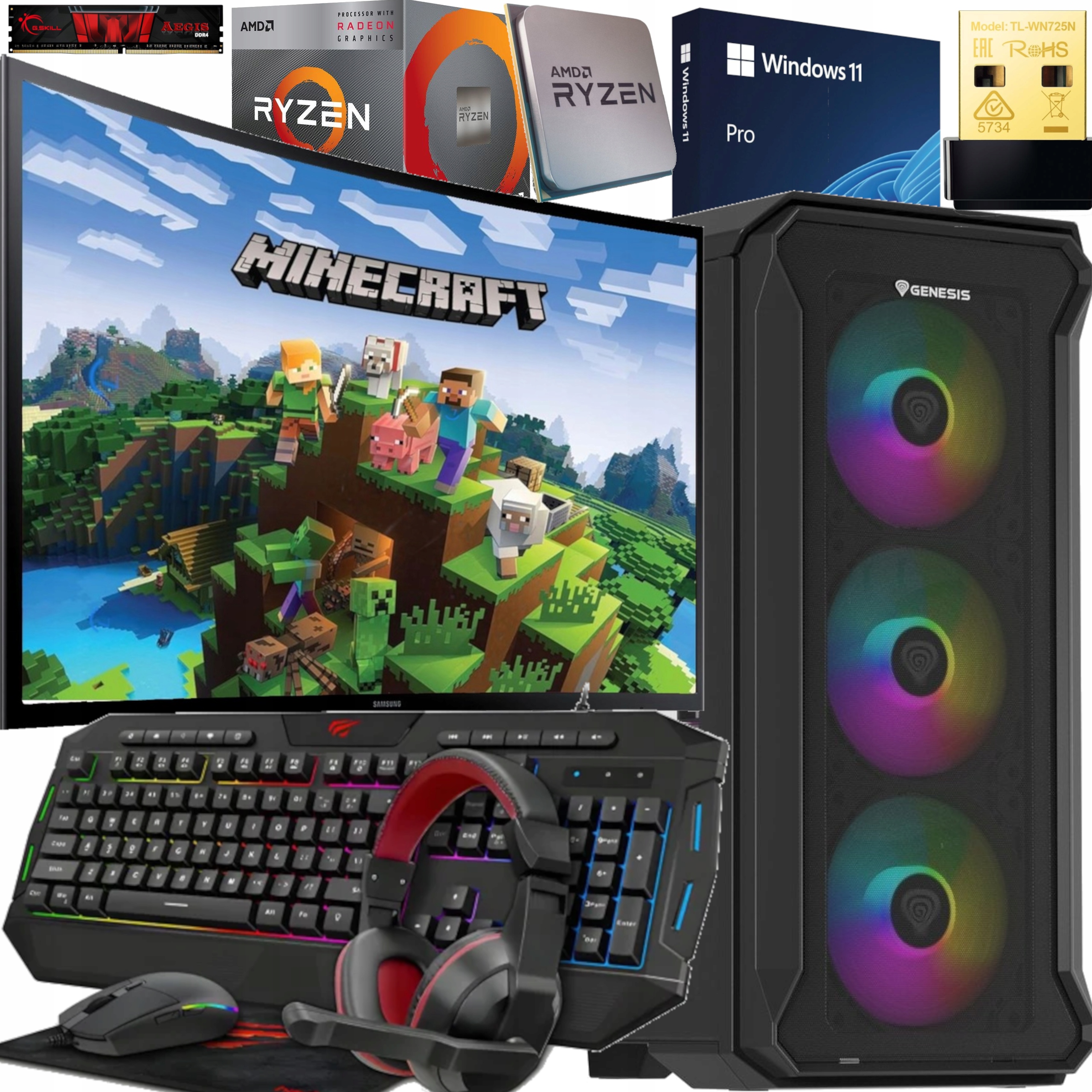 Zestaw Komputer Do Gier Ryzen 5 32GB Ram 1TB M.2 NVMe Windows 11|KOMPLET