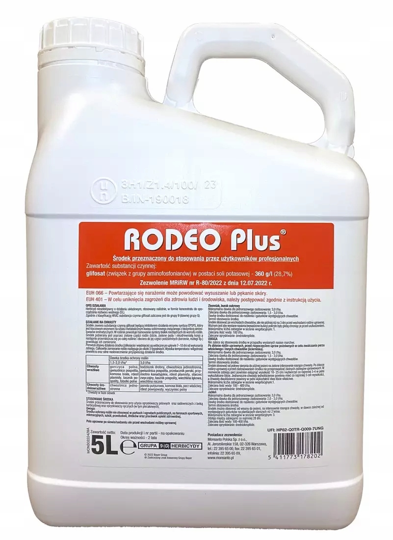 Rodeo Plus 5L Bayer glifosat, herbicyd totalny wszystkie chwasty mocny perz