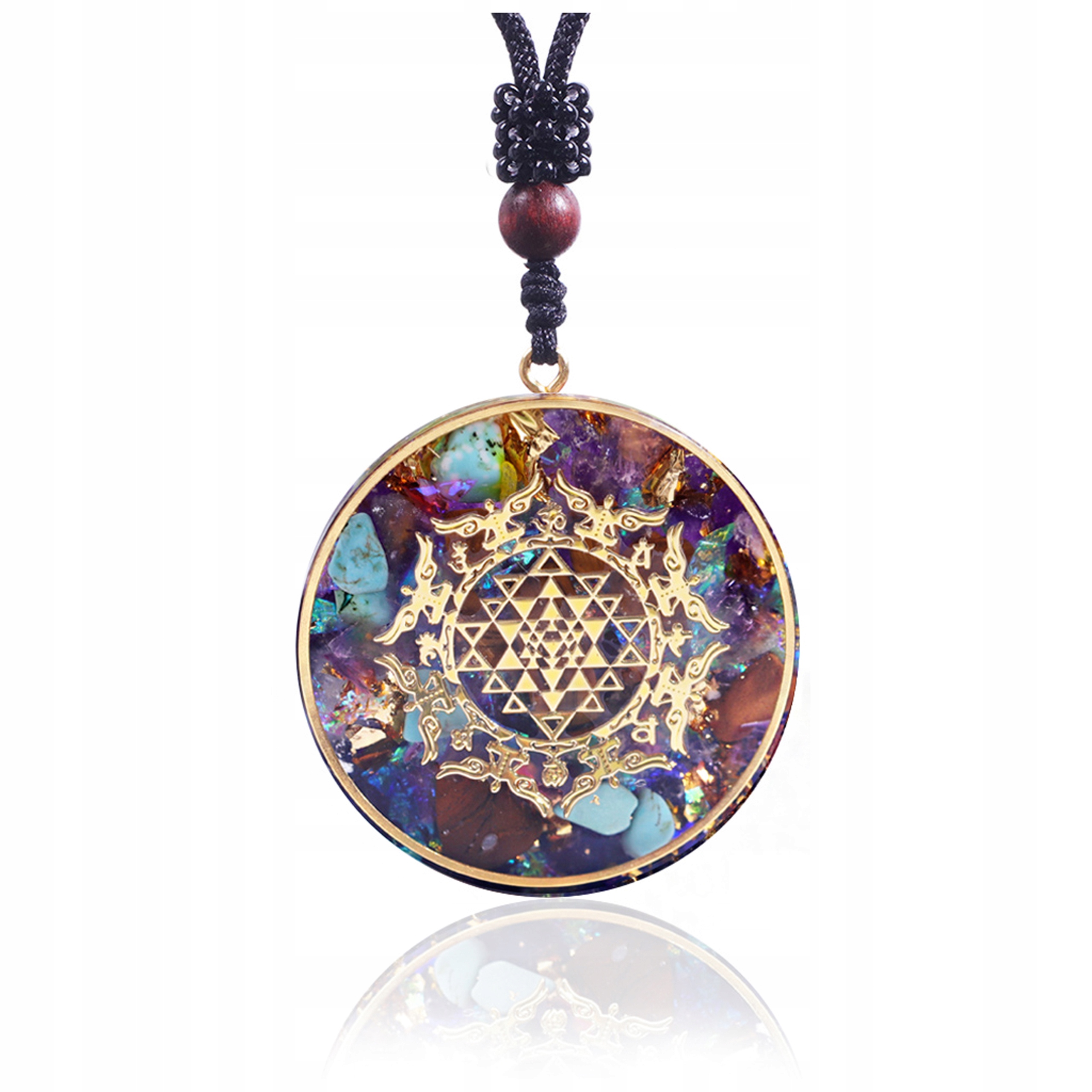 Piękny Naszyjnik Orgonit Tygrysie Oko Turkus Śri Jantra Reiki