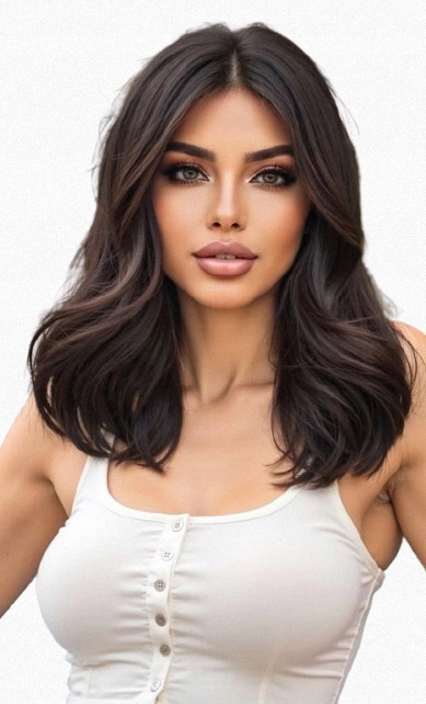 Peruka damska ciemny brąz refleksy długa do ramion z grzywką syntetyczna