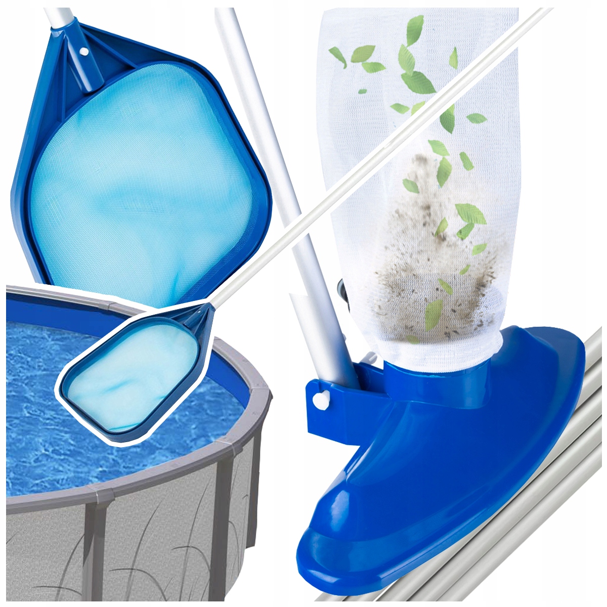 ZESTAW DO CZYSZCZENIA BASENÓW basenowy SZCZOTKA ODKURZACZ SIATKA NA KIJU