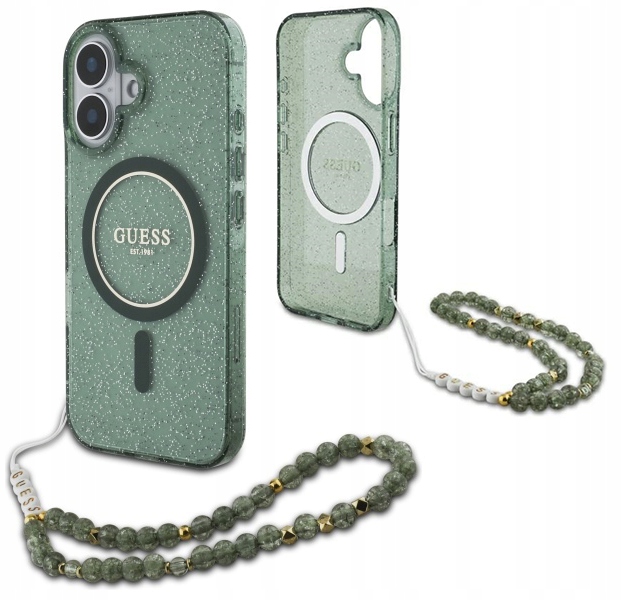 Glitterový pouzdro Guess kryt s přívěskem na šňůrku kryt pro iPhone 16 Plus