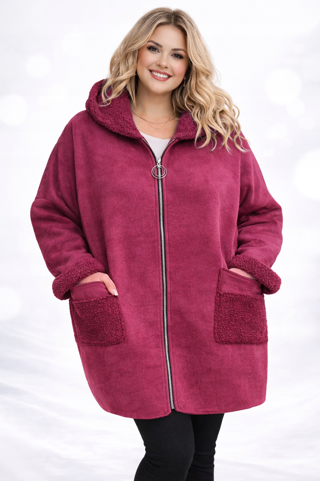 Kožíšek typu beránek, zateplený kabát s kapucí plus velikost 56 58 8XL 9XL