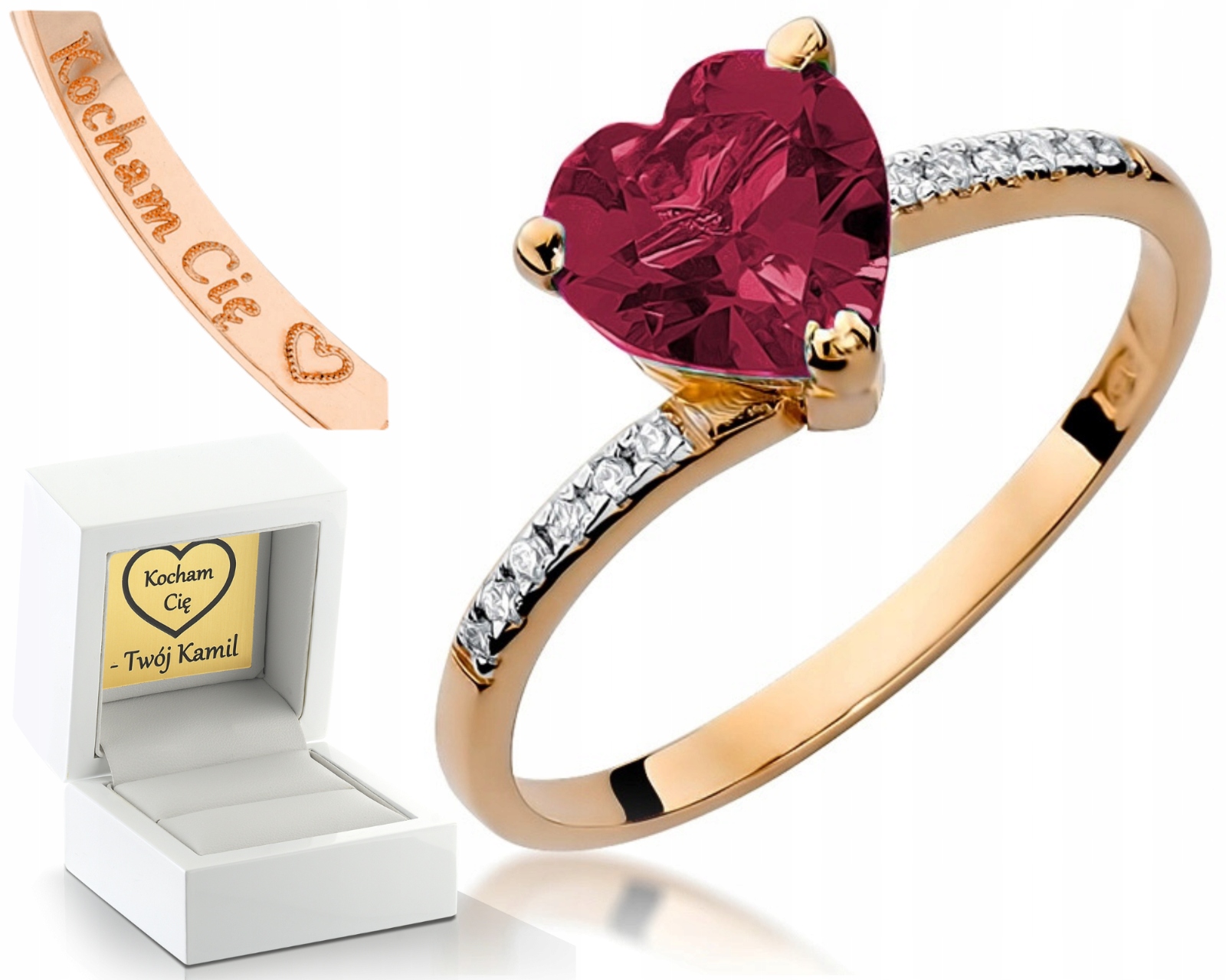 Růžové Zlato Prstýnek S Rubínem Srdce Gravírování