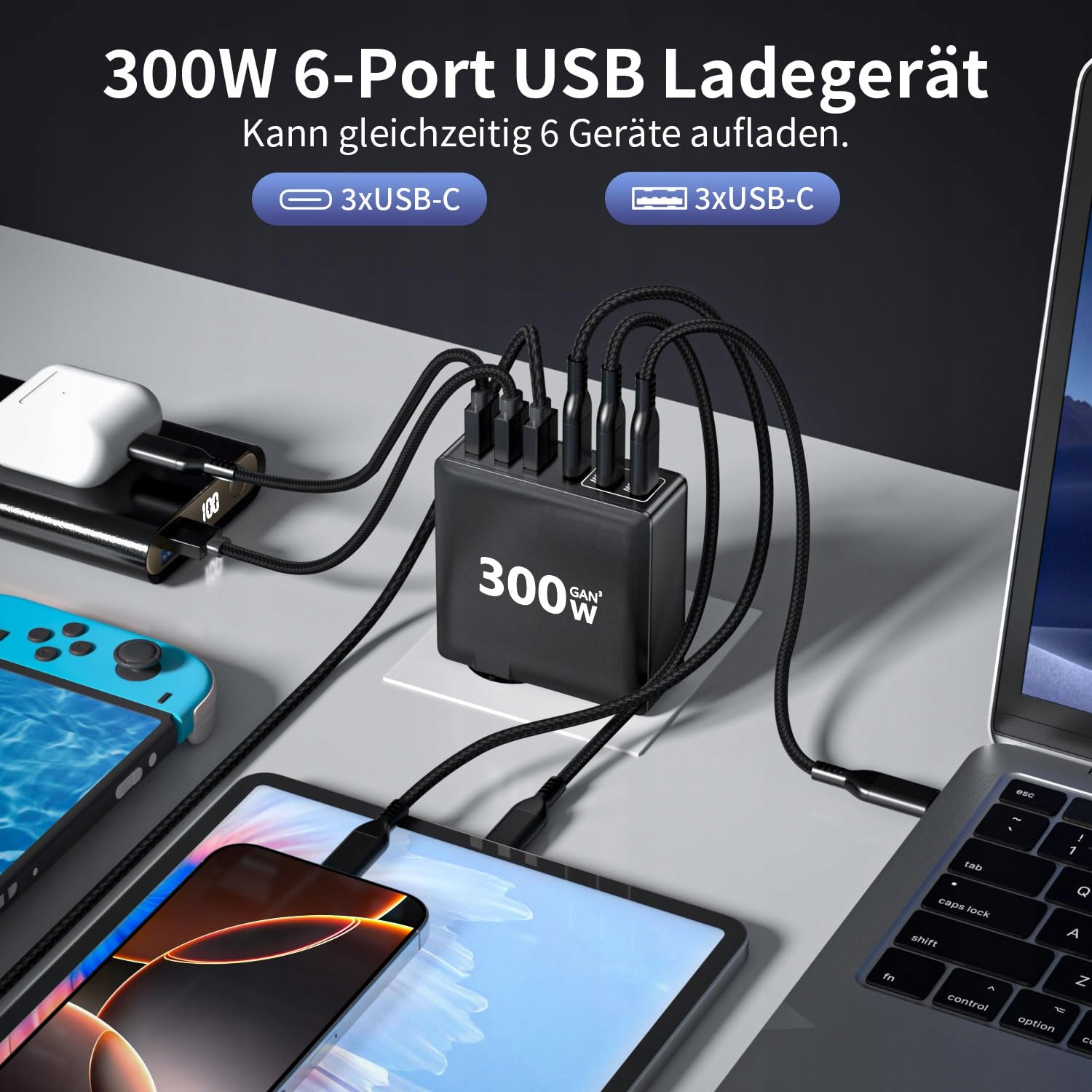 HSSNS Ładowarka USB-C 300W 6 Portów Szybkie Ładowanie GaN PD MacBook iPhone — miniatura 2