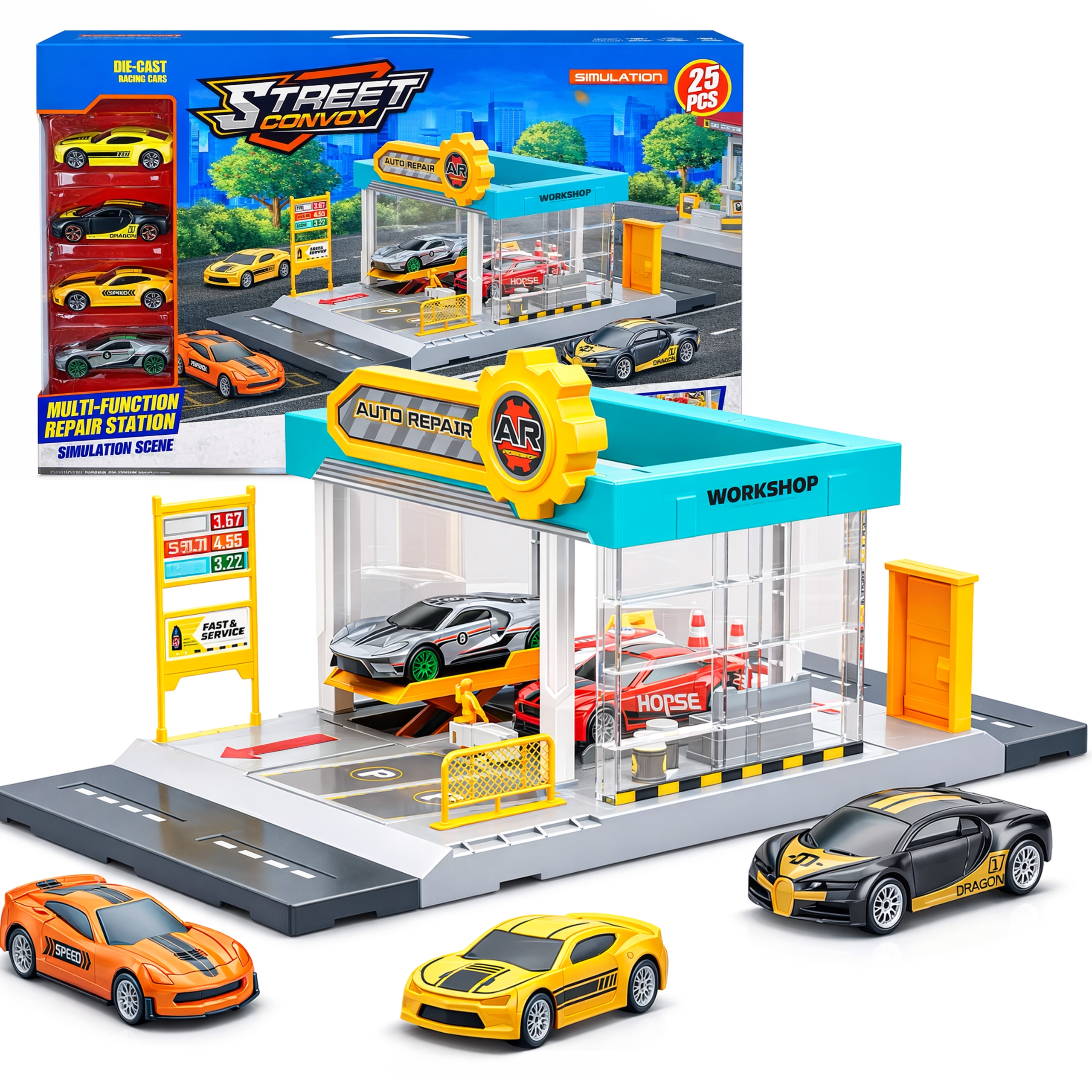 Garaż Warsztat Samochodowy STACJA NAPRAW z WYRZUTNIĄ + 4 Mini Autka