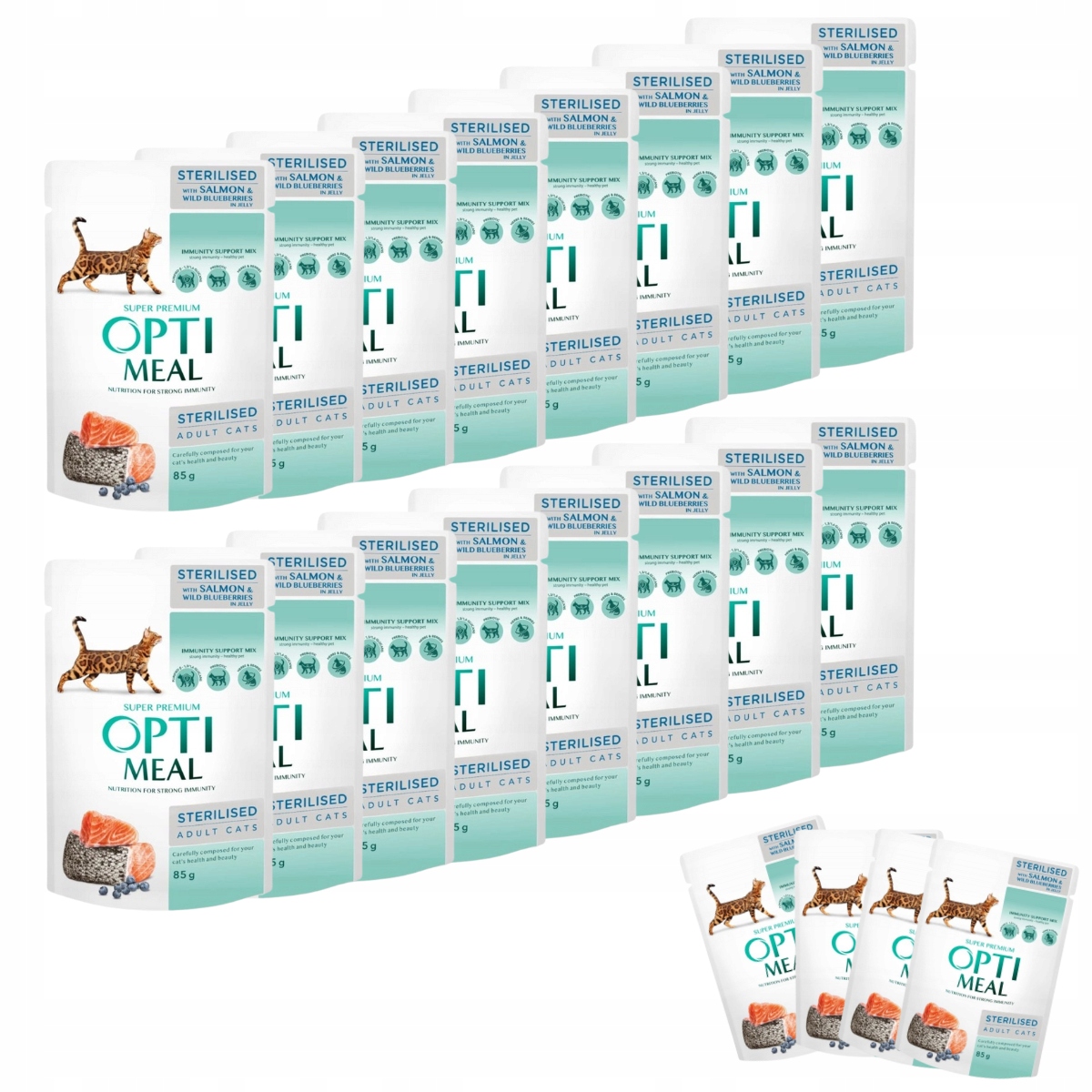 Levně Mokré krmivo pro kočky 48 x 85 g s lososem a borůvkami Optimeal „Sterilised“