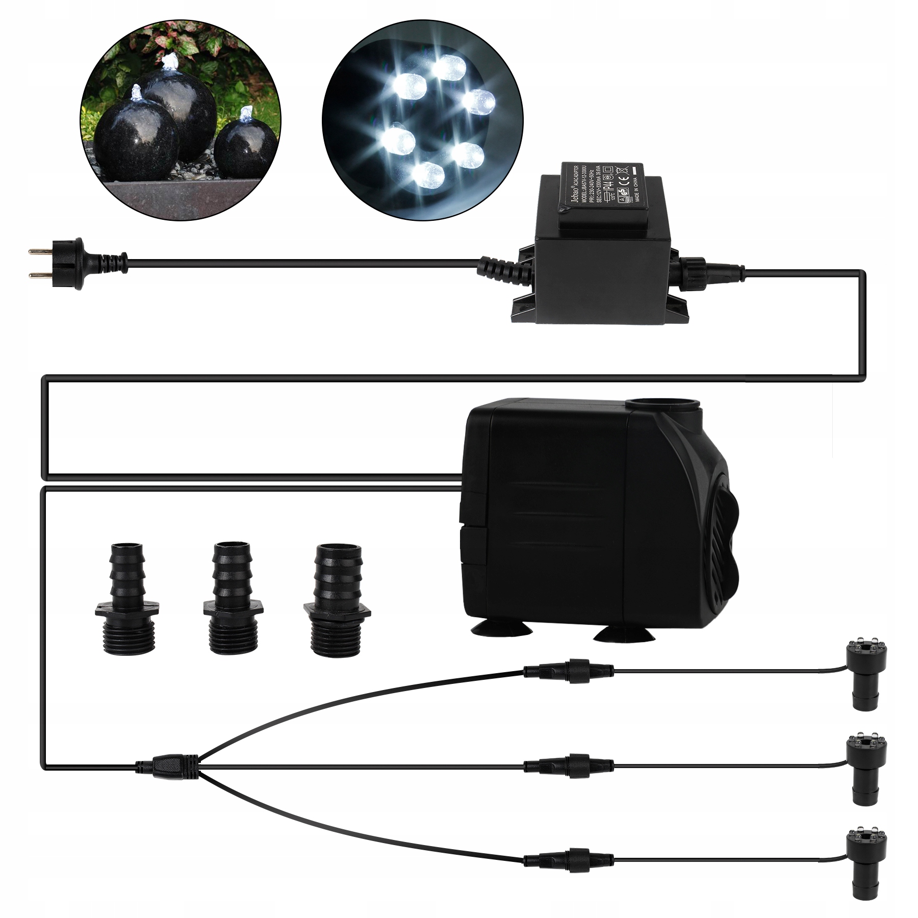 Ponorné čerpadlo pro fontánu 25W 1500 l/h 3 bílé Led kroužky