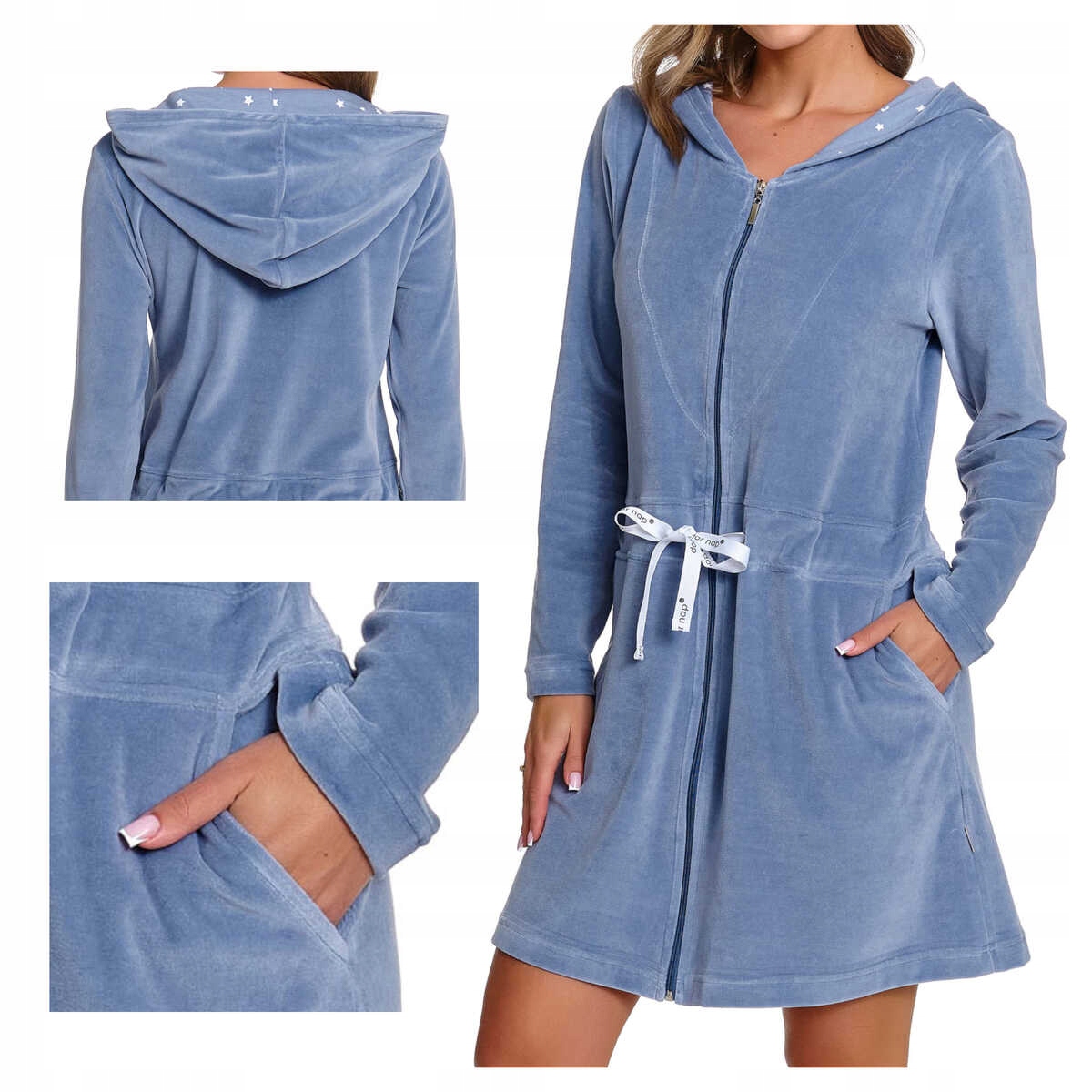 Doctornap Dámský velurový župan na zip Swo 1008 modrý plus 2XL