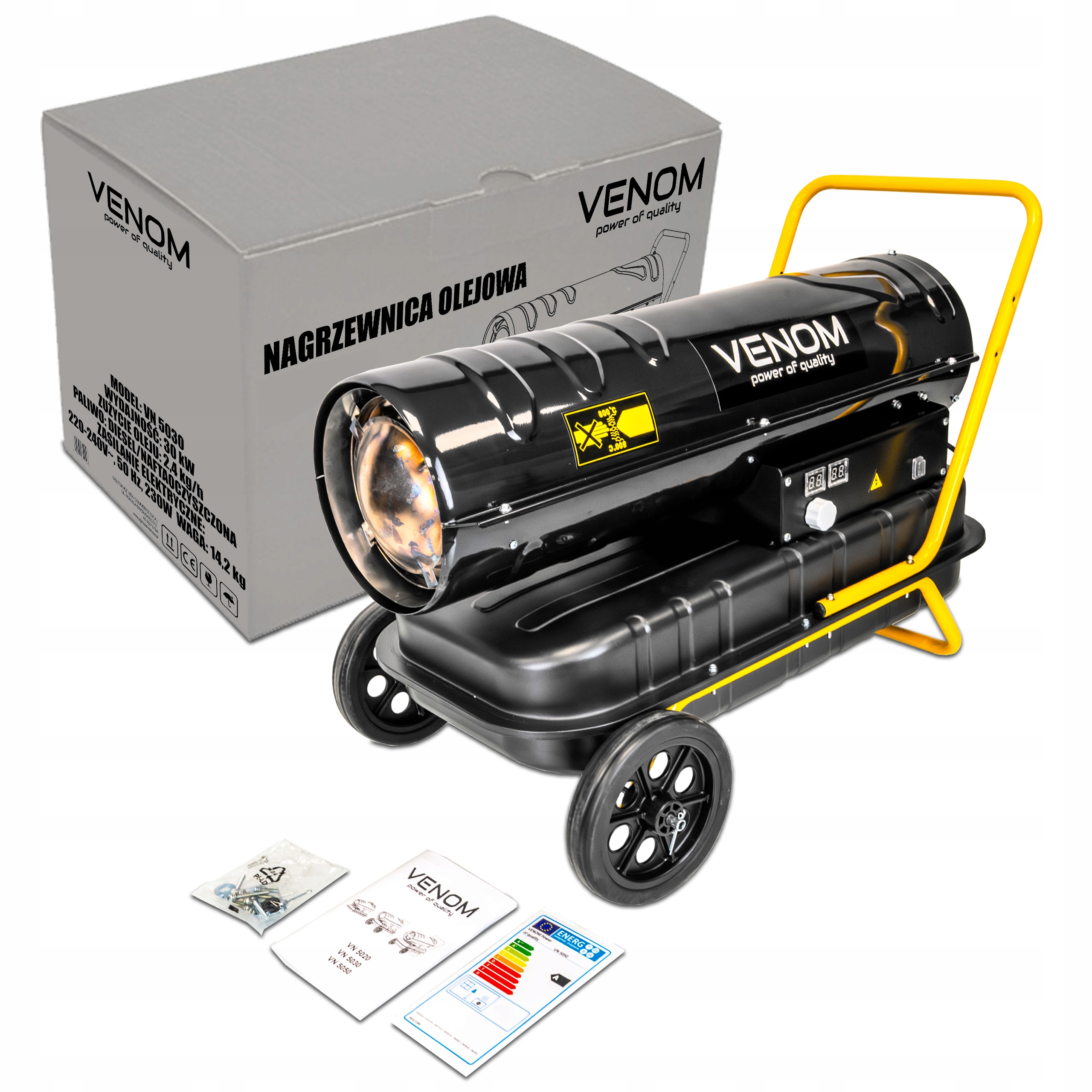 30-кіловатний масляний обігрівач VENOM з бензиновим вентилятором та РК-дисплеєм. Бренд Venom