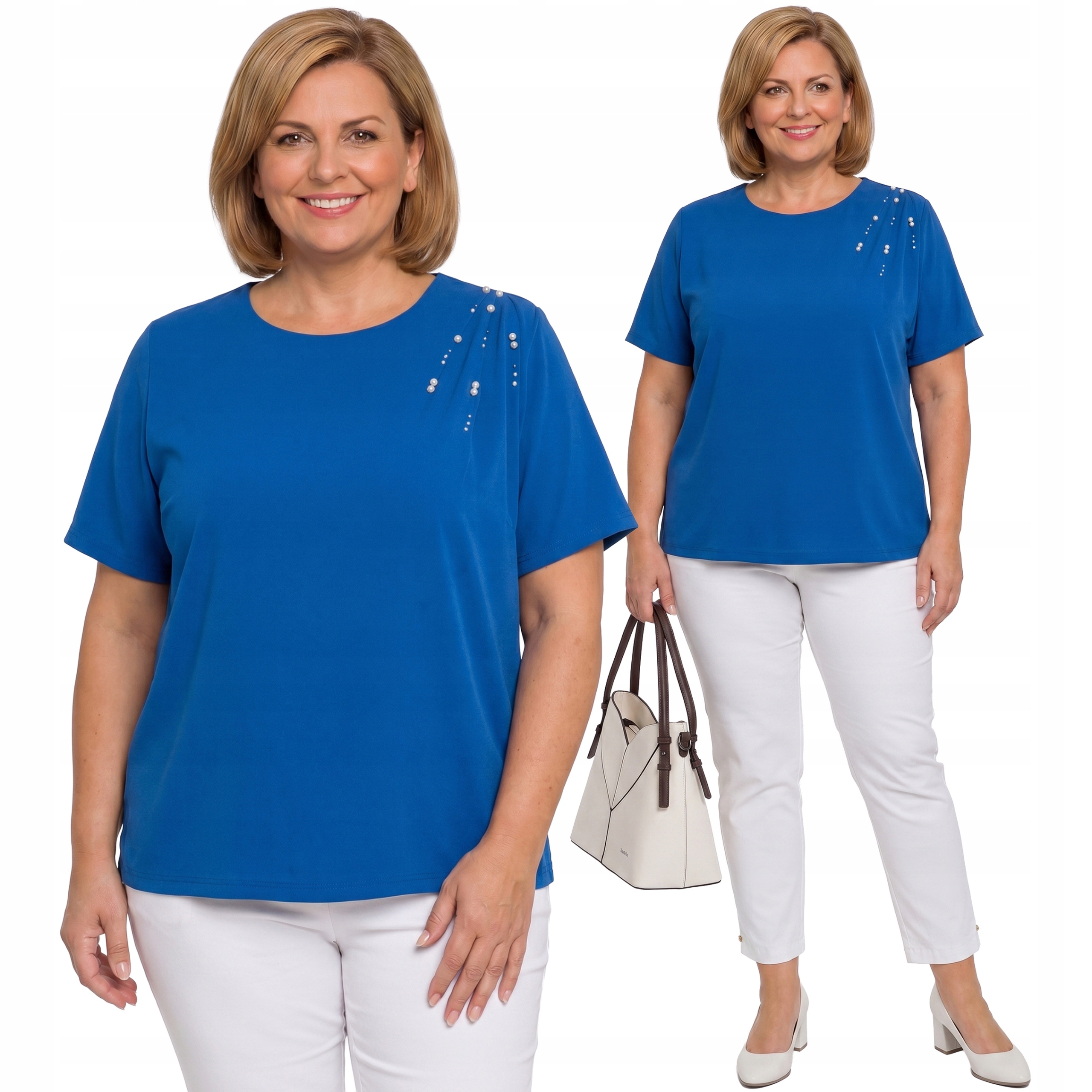Modrá halenka s perlami a zirkony plus size velikost 60/62