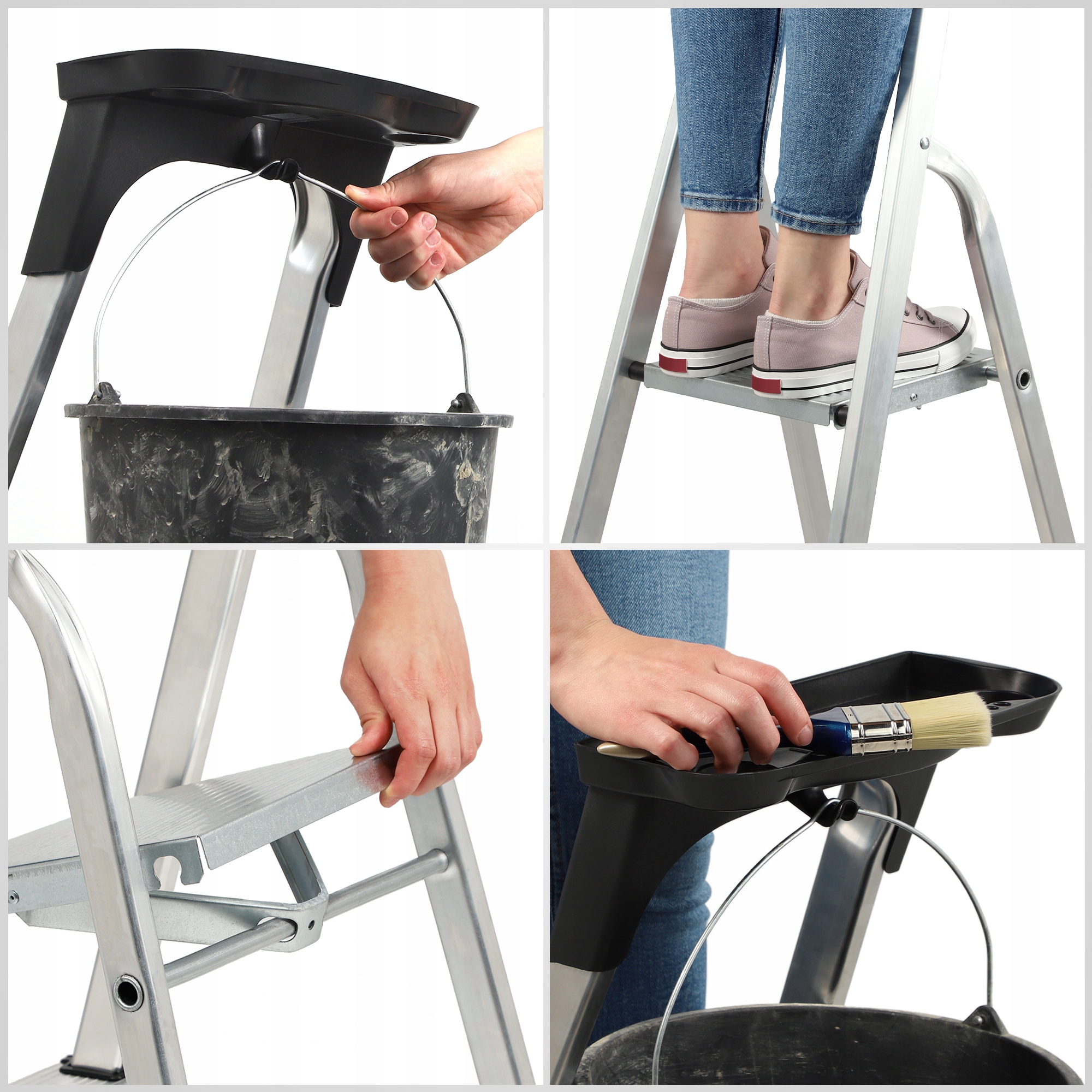 KADAX DRABINA ALUMINIOWA 5 STOPNIOWA SKŁADANA DOMOWA MOCNA PÓŁKA +HAK 125kg Materiał aluminium