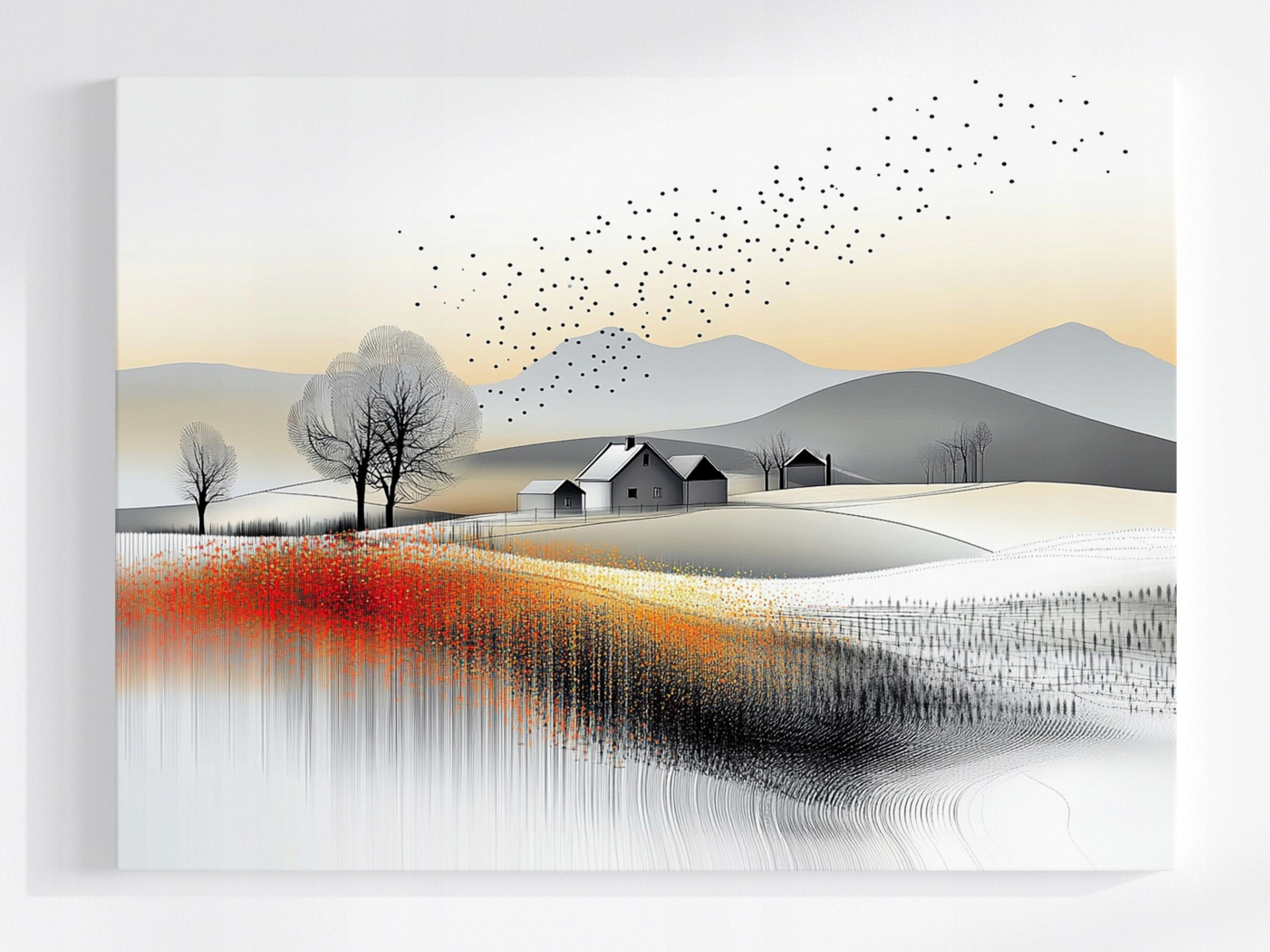 Obraz Na Plátně Canvas Krajina Hory Pahorky Vesnice Pole Květiny Ptáci 80x60