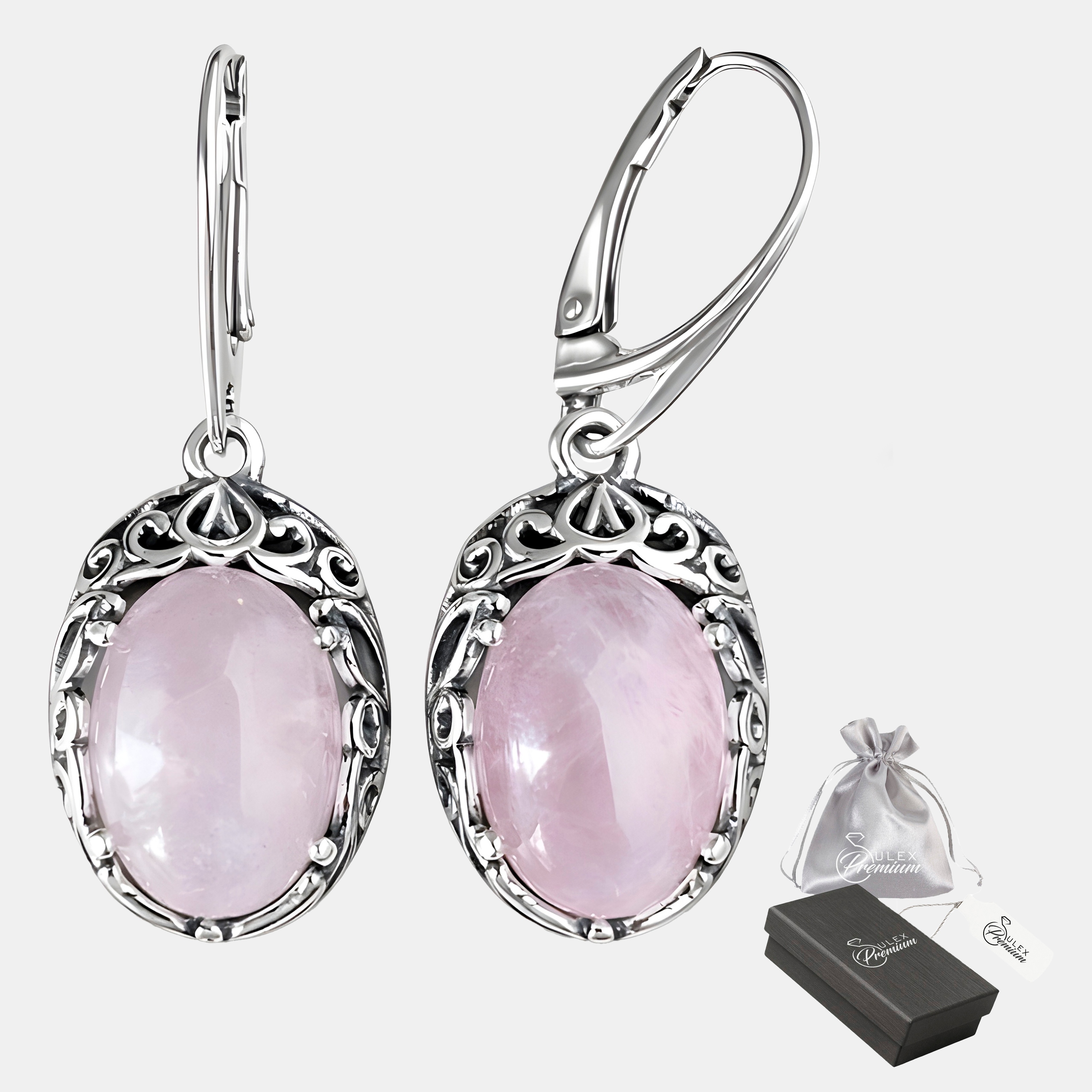 Náušnice Stříbro ryzost 925 Přírodní růžový křemen ažurové závěsné elegantní