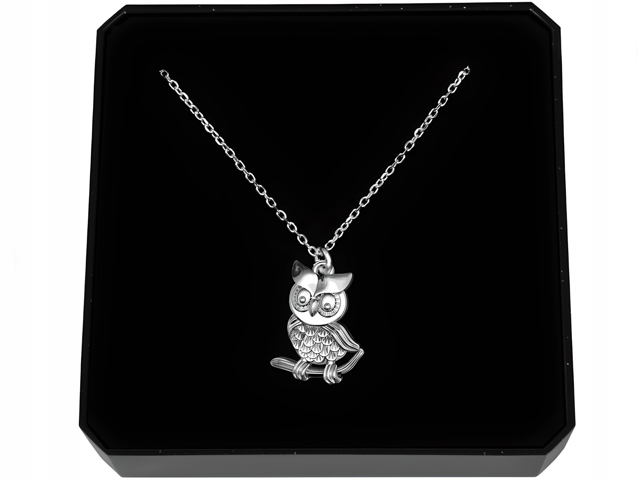 Naszyjnik Srebrny 925 Sowa Puchacz Łańcuszek Zawieszka Pudełko