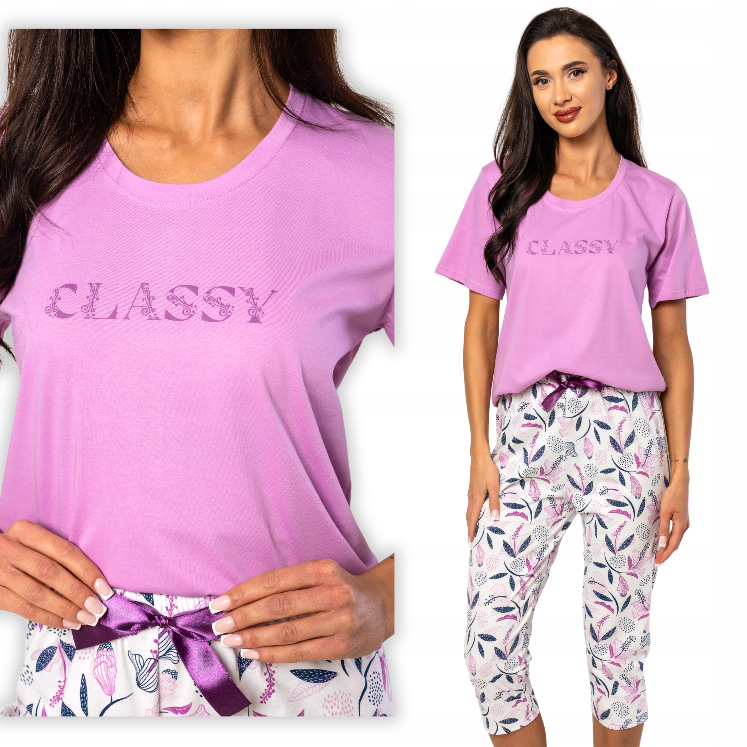 Dámské bavlněné pyžamo na léto s krátkým rukávem 3/4 kalhoty fialové květy 4XL
