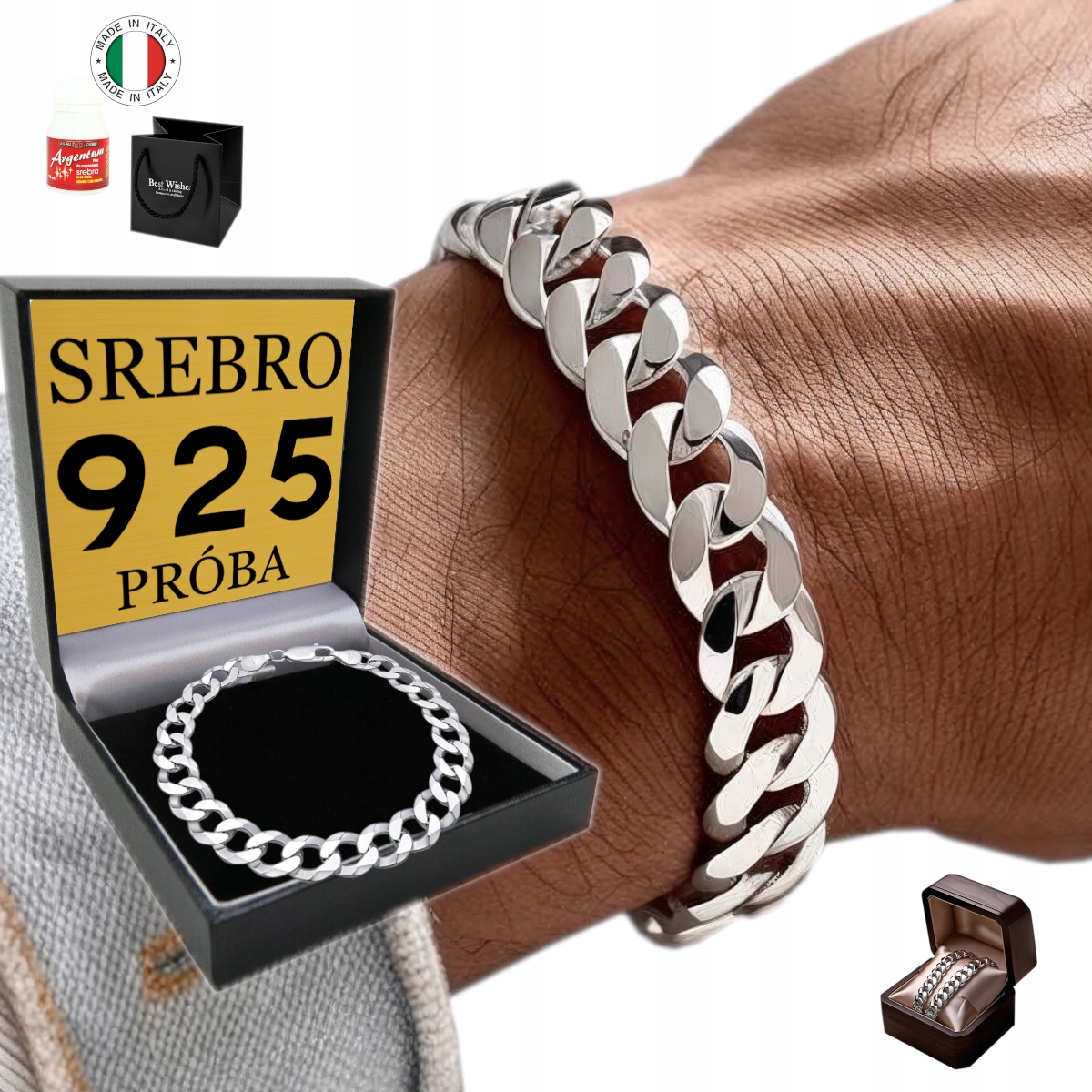Silný stříbrný náramek pro muže Stříbro 925 Pancíř 11 mm diamantový