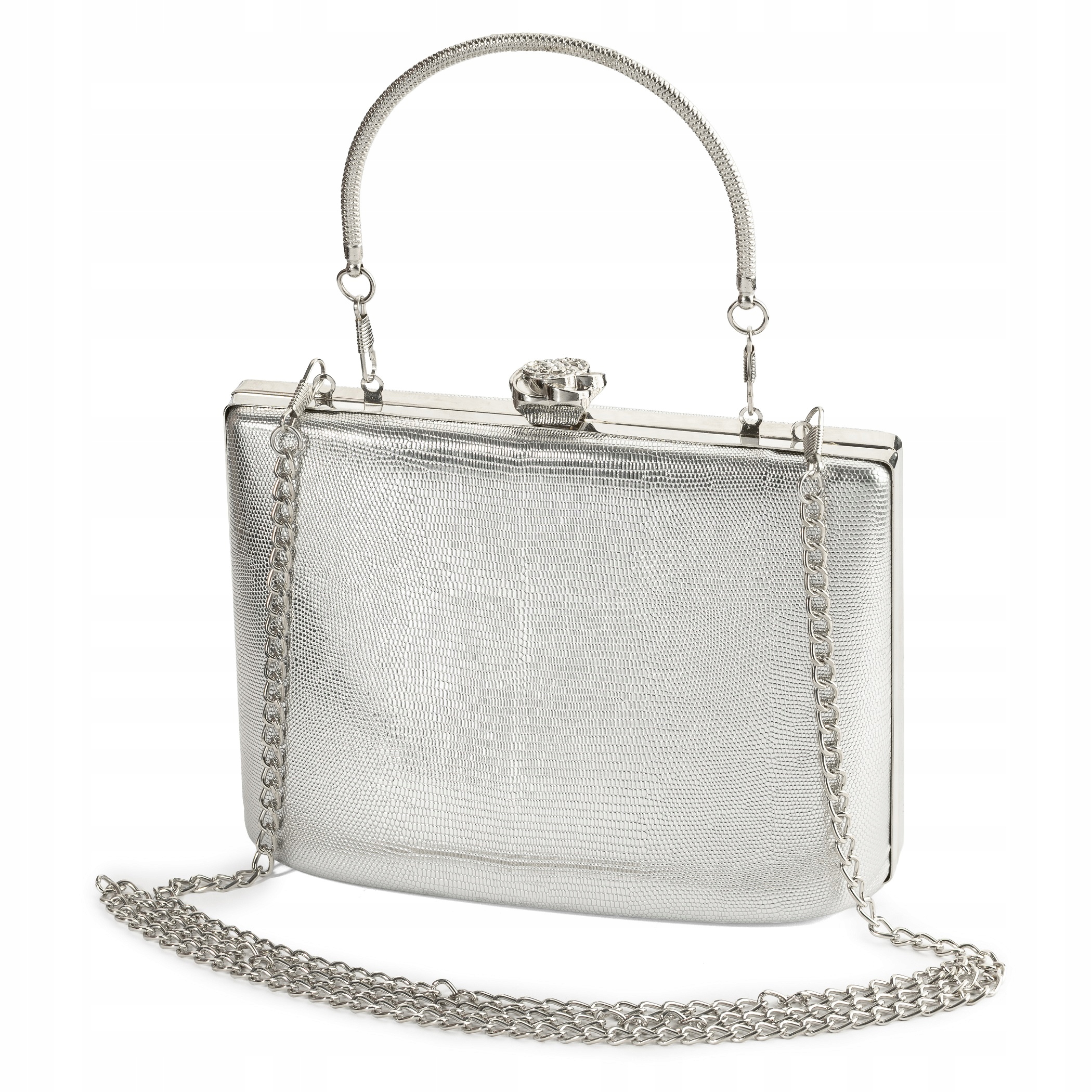 Taška na puzdro stříbrná elegantní s rukojetí na řetízku, večerní