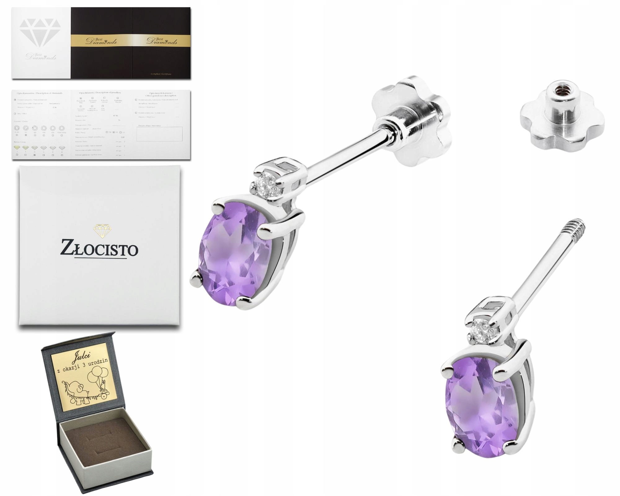 Bílé Zlato Náušnice S Ametystem A Diamanty 585 Gravírování Šroubovací Tyčinka