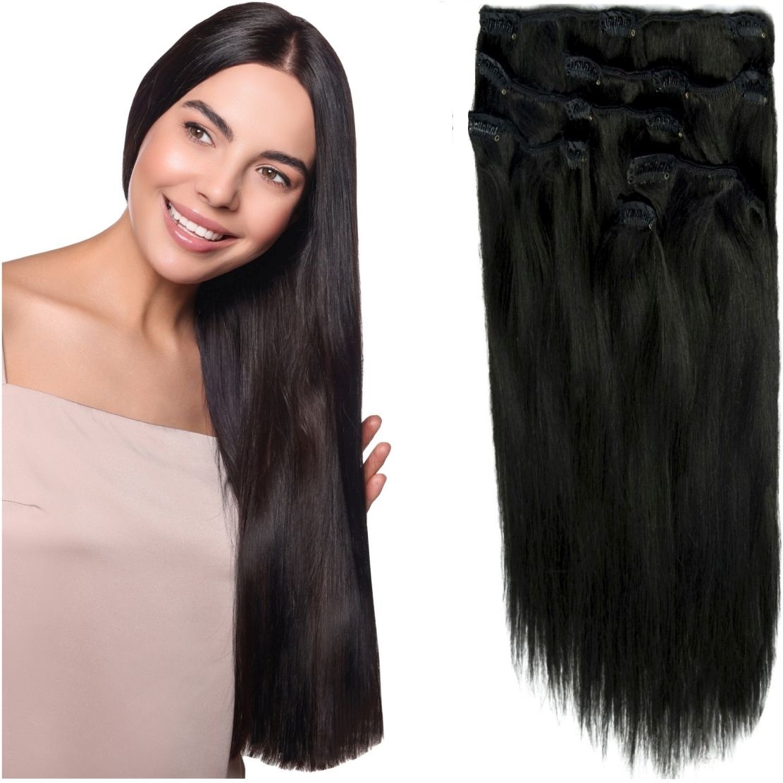 Připínací Vlasy Clip-in Husté 150 Gramů 50 CM velmi tmavě hnědé 1B