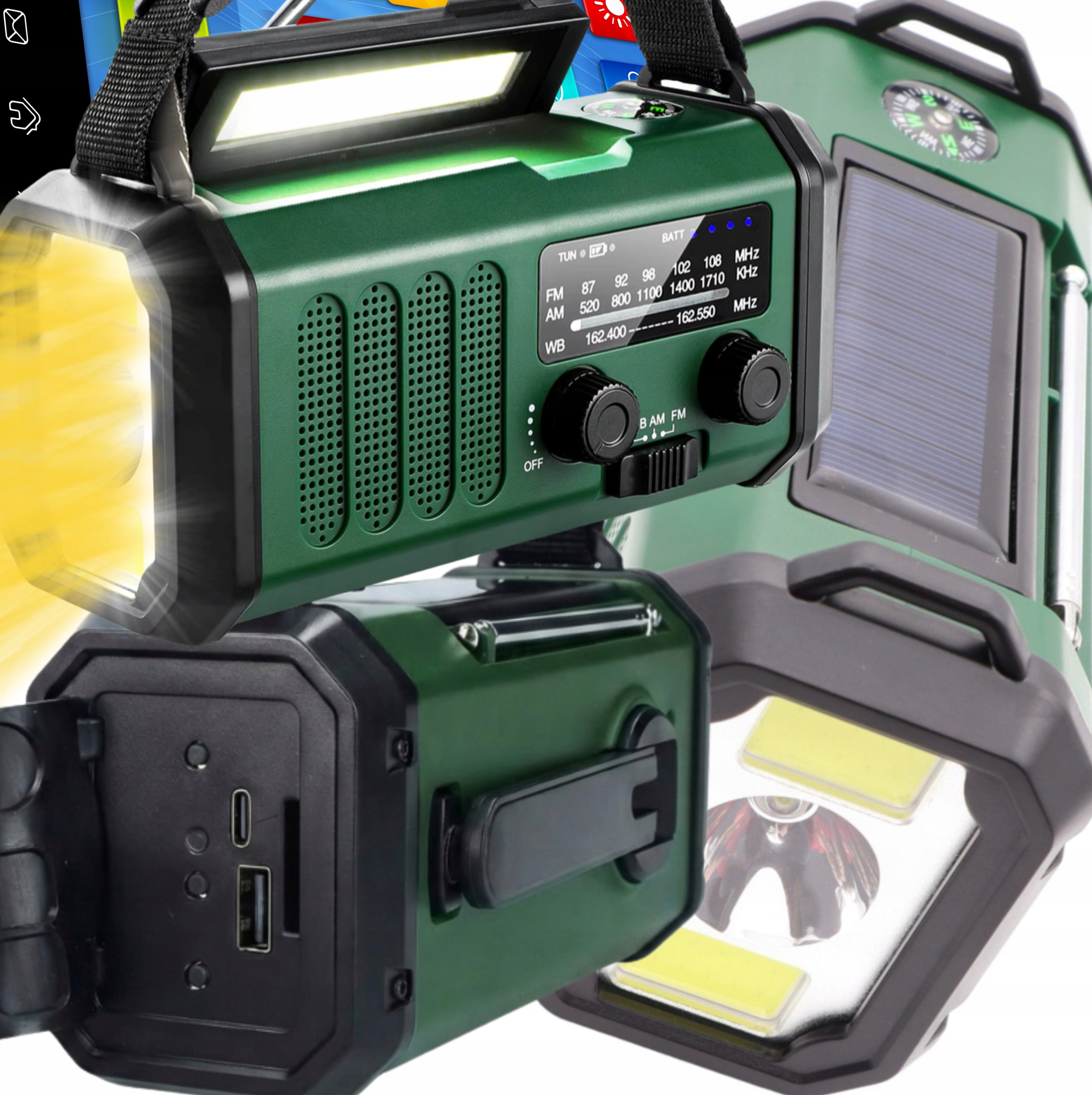 Radio Turystyczne Solarne Wodoodporne Dynamo Powerbank 10000mAh Latarka Usb