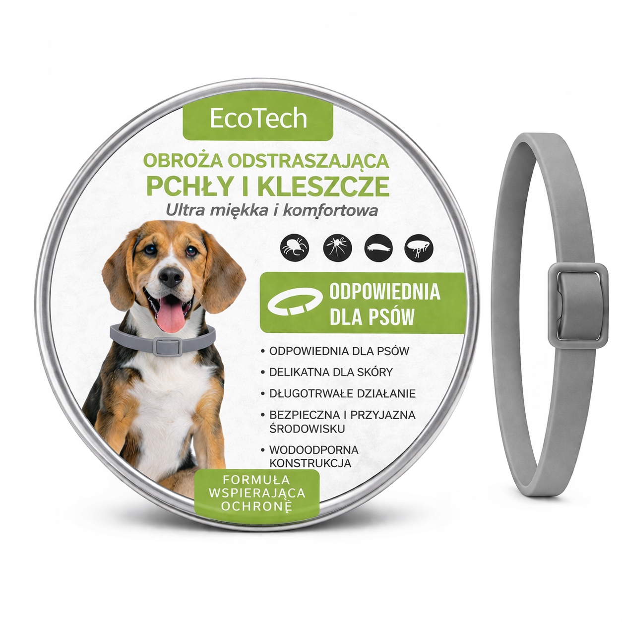 Obojek na klíšťata a blechy pro psa 62 cm přírodní, nastavitelný, šedý