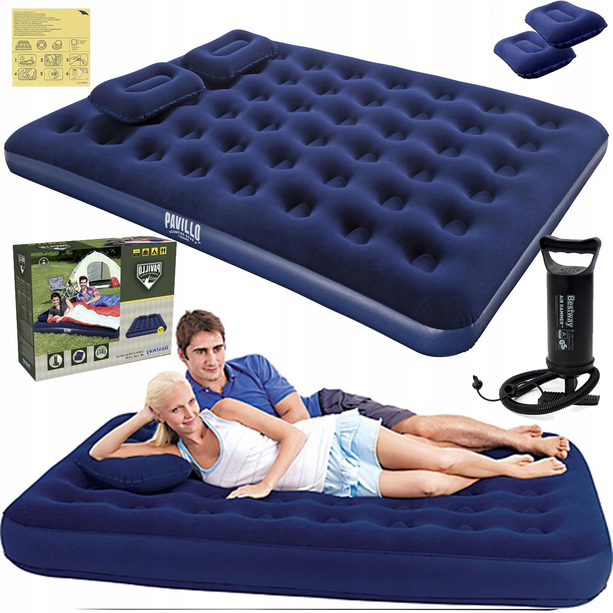 PRZENOŚNY MATERAC DMUCHANY DWUOSOBOWY DO SPANIA +2 PODUSZKI +POMPKA Bestway