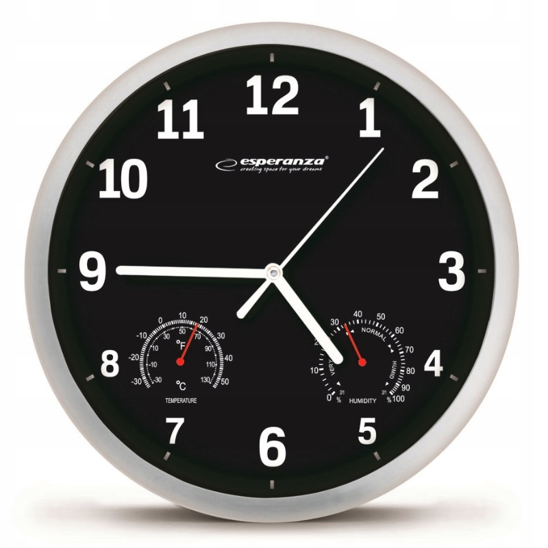 ZEGAR ŚCIENNY CZARNY+TEMPERATURA WILGOTNOŚĆ 25CM
