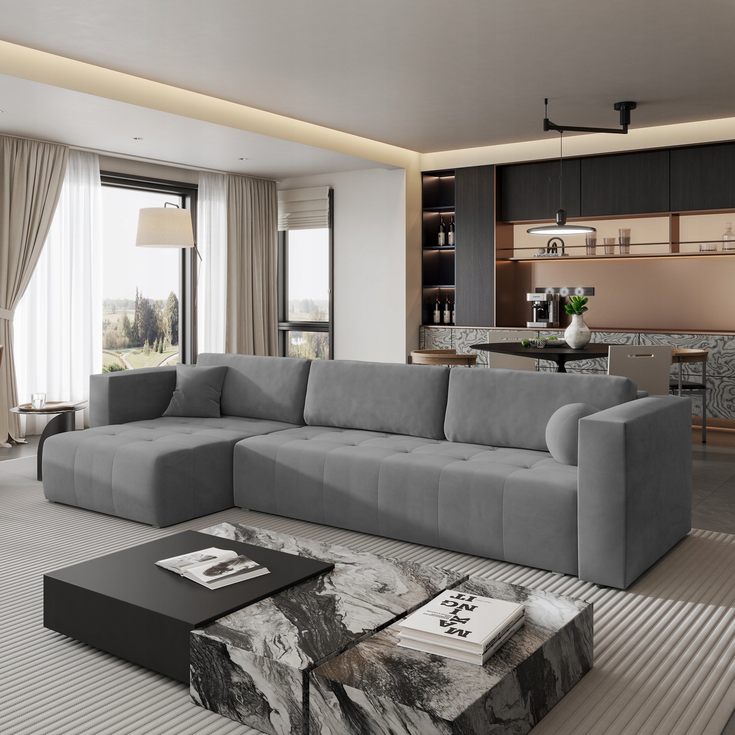 Rohová Sedací Souprava Olvera s funkcí spaní Kontejner Glamour Plyšová tkanina Šedá