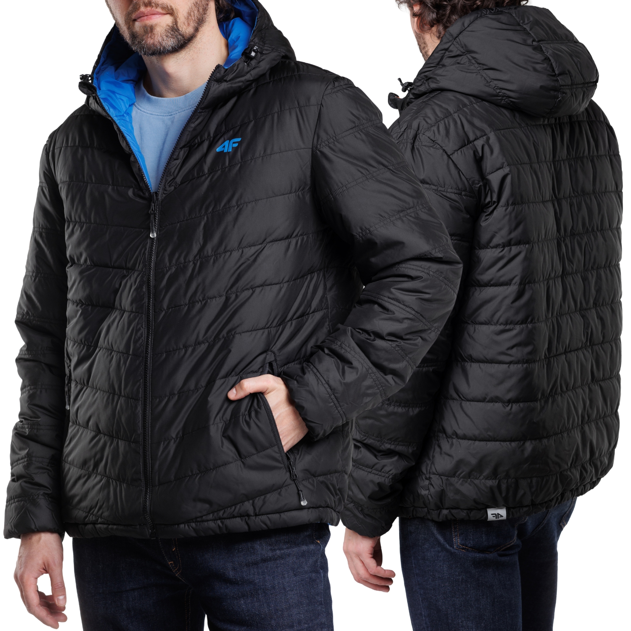 Pánská Bunda S Kapucí Černá Prošívaná 4F Zateplená Sportovní Péřová 3XL