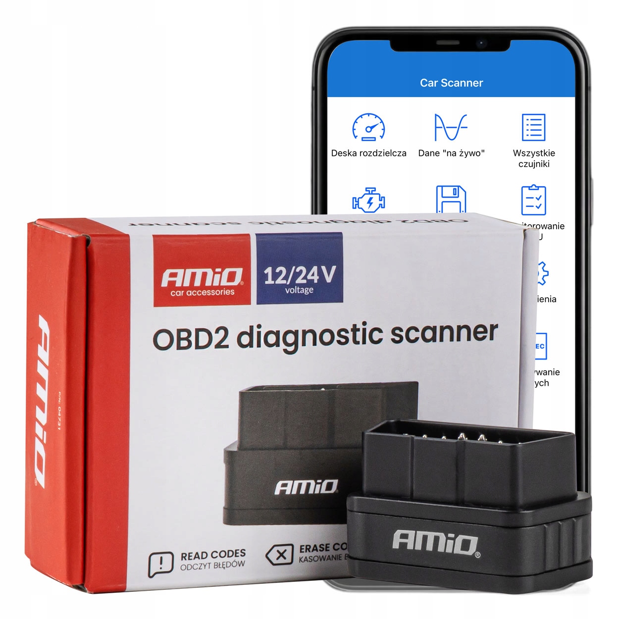 Skaner tester interfejs diagnostyczny ELM327 OBD2 Bt PIC25K80 DC24K Amio